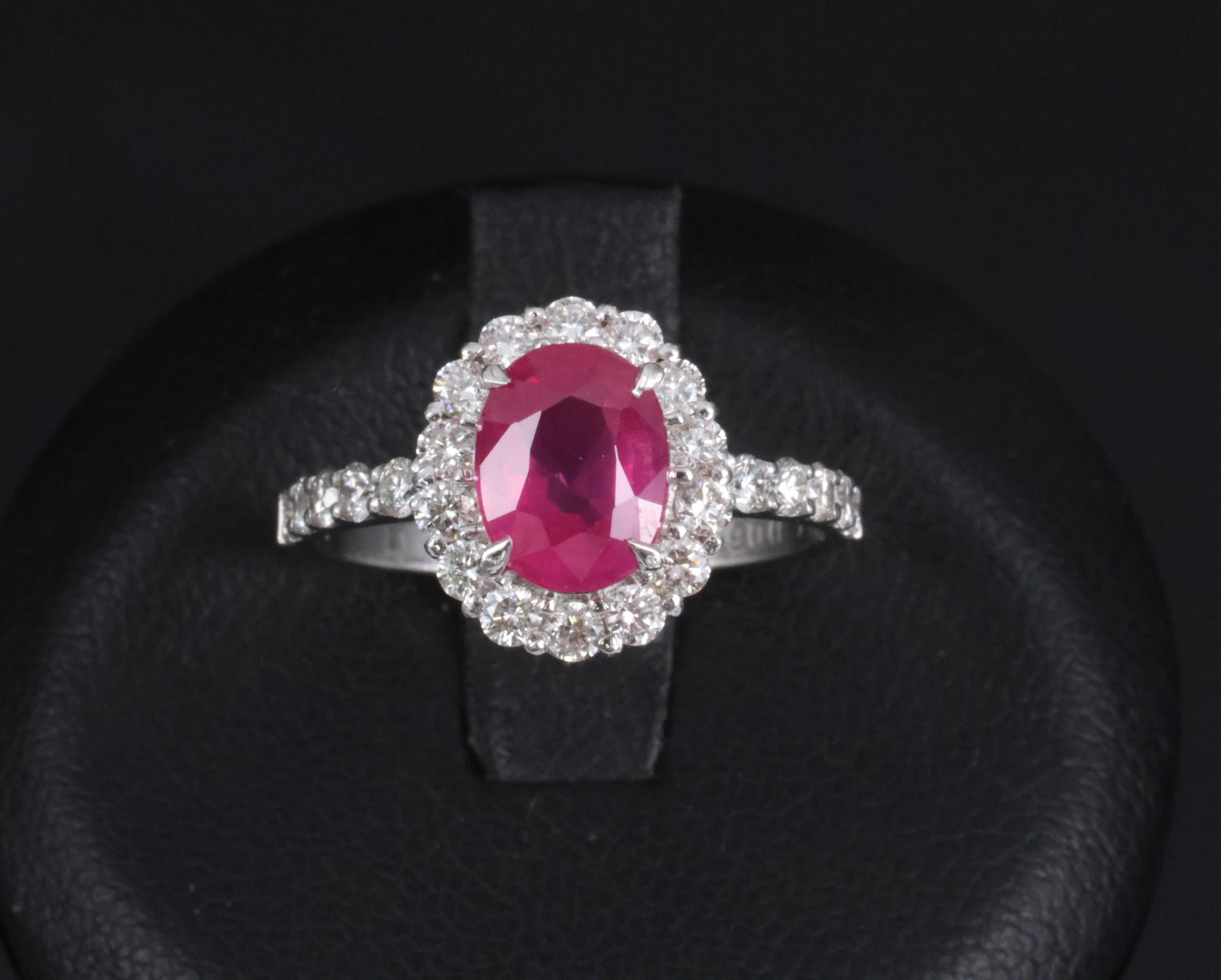 Fine 1.47ct GIA Mozambique Vivid Red Ruby & 0.61ct Diamond Platinum Ring Size 6