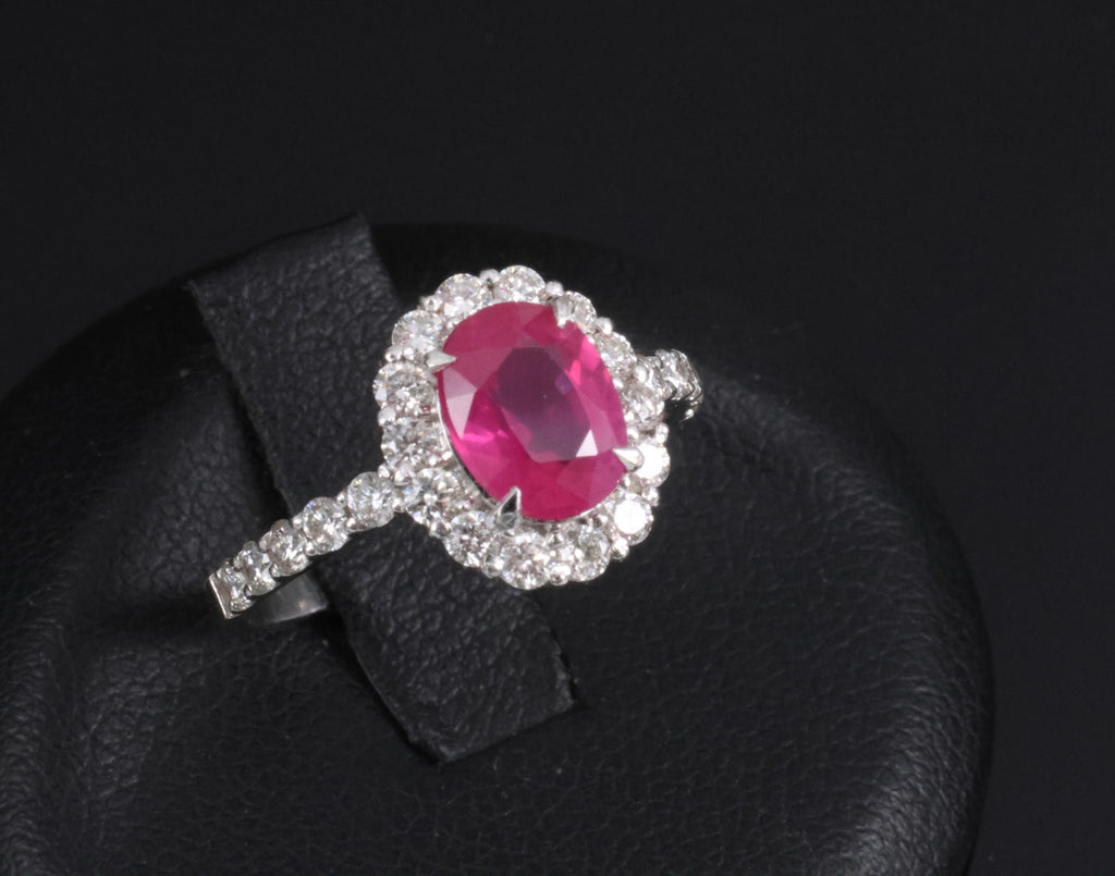 Fine 1.47ct GIA Mozambique Vivid Red Ruby & 0.61ct Diamond Platinum Ring Size 6
