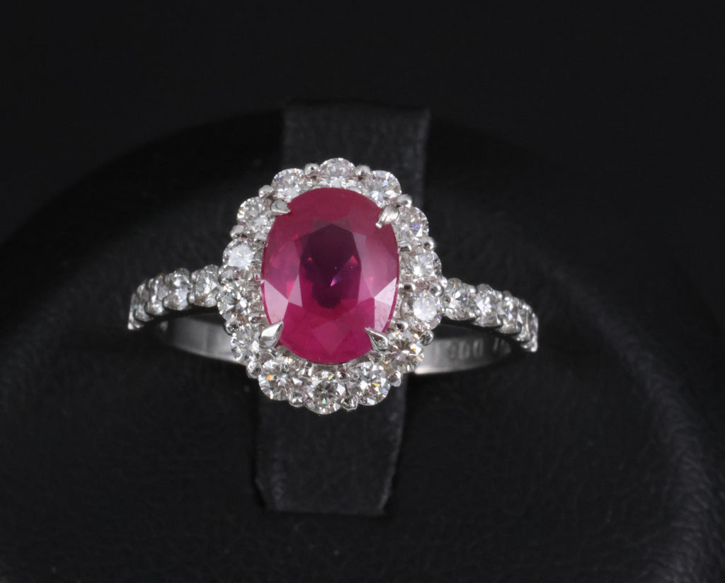 Fine 1.47ct GIA Mozambique Vivid Red Ruby & 0.61ct Diamond Platinum Ring Size 6