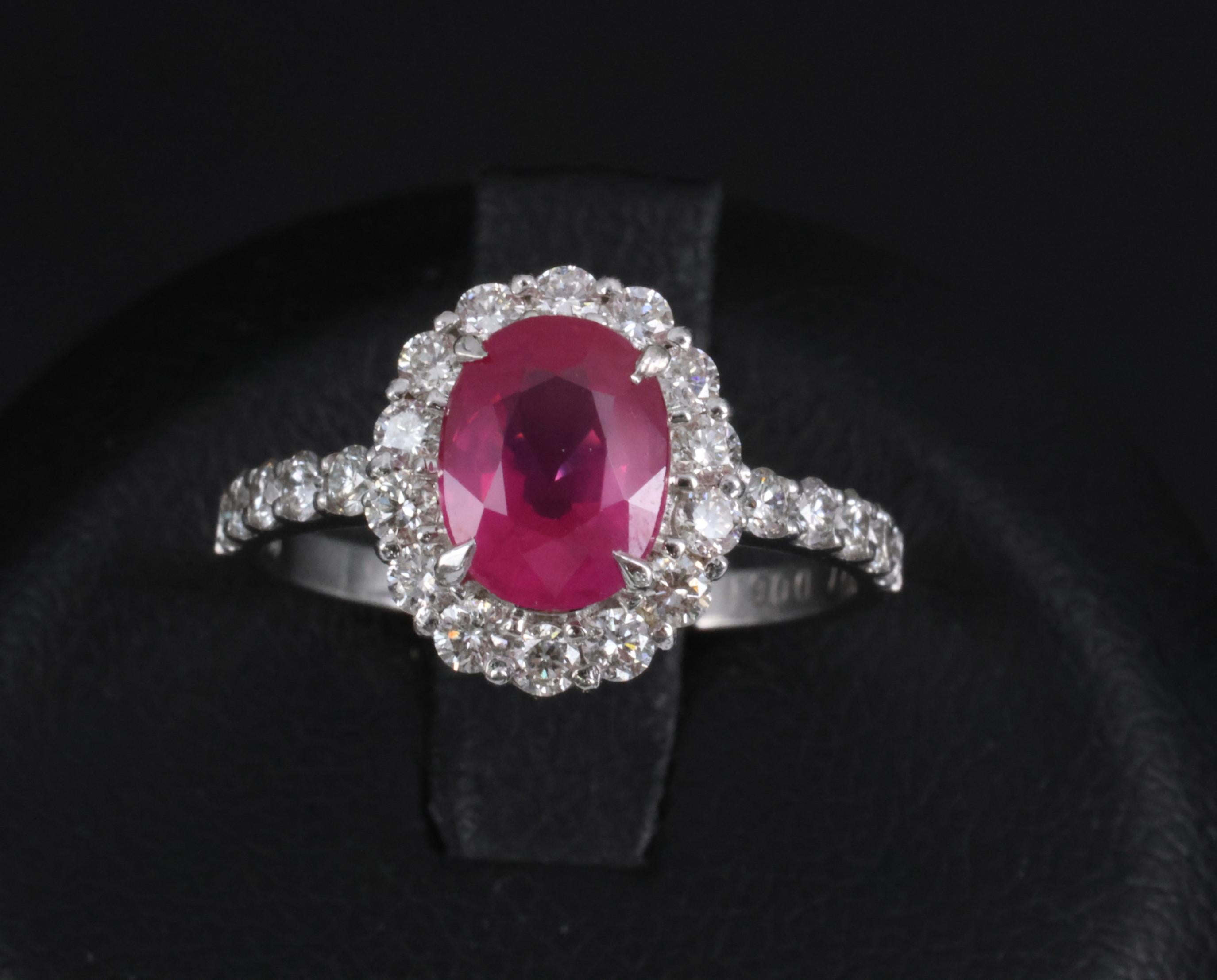 Fine 1.47ct GIA Mozambique Vivid Red Ruby & 0.61ct Diamond Platinum Ring Size 6