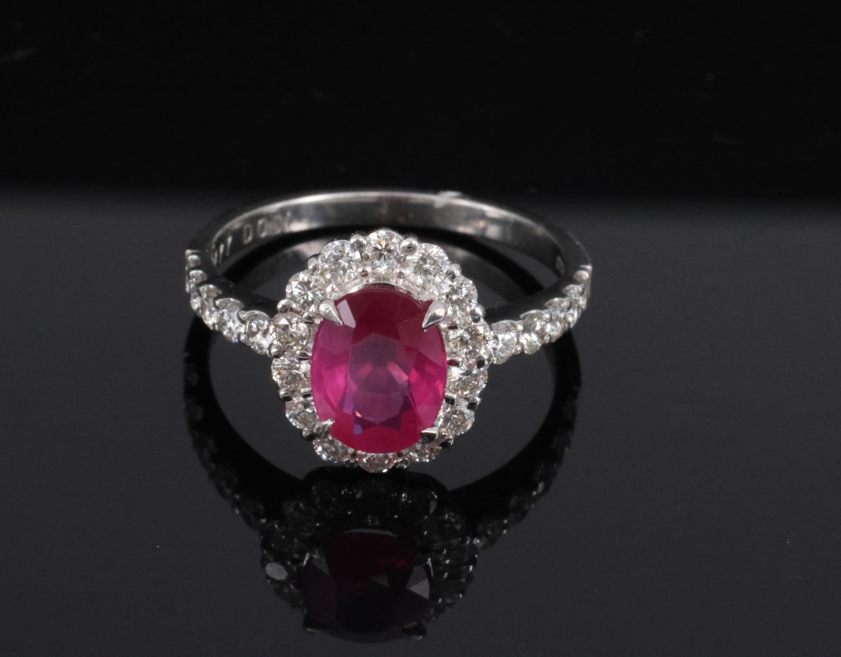 Fine 1.47ct GIA Mozambique Vivid Red Ruby & 0.61ct Diamond Platinum Ring Size 6
