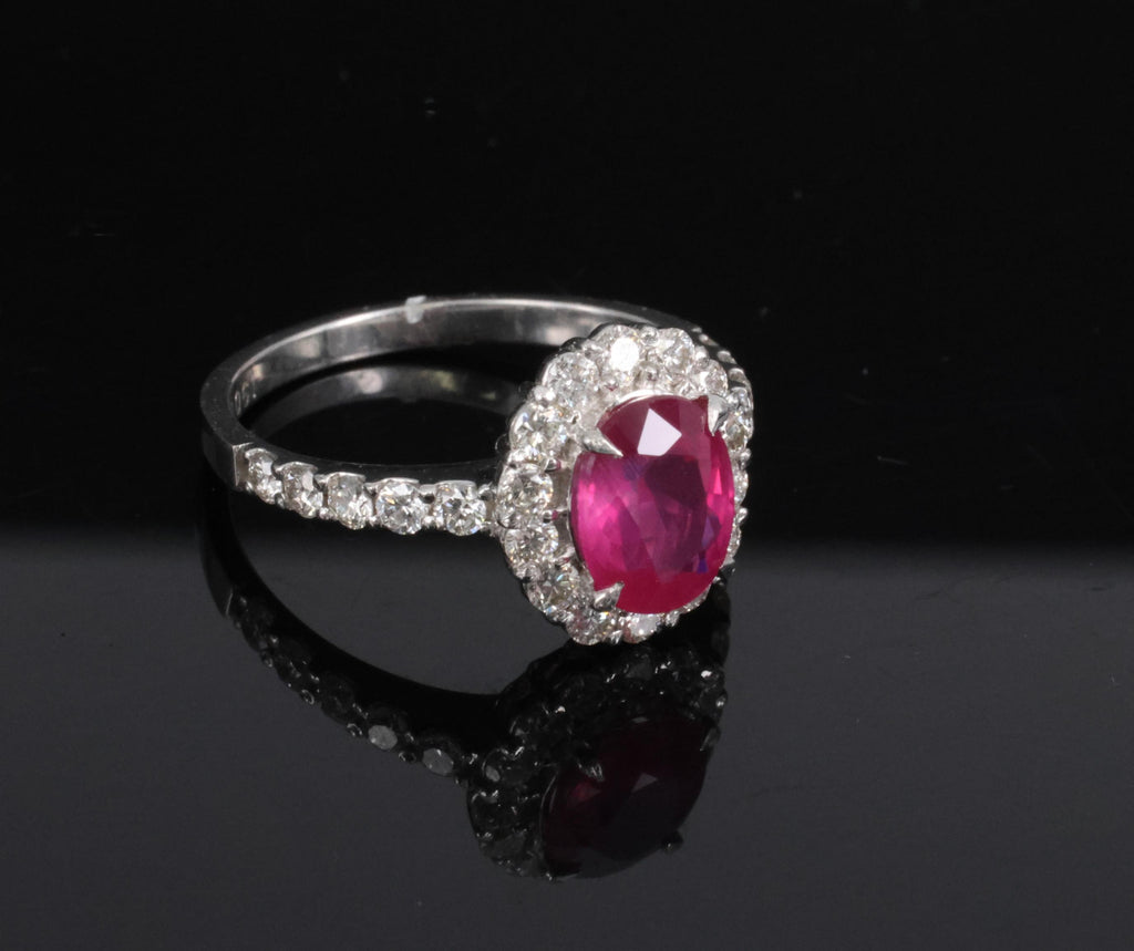 Fine 1.47ct GIA Mozambique Vivid Red Ruby & 0.61ct Diamond Platinum Ring Size 6