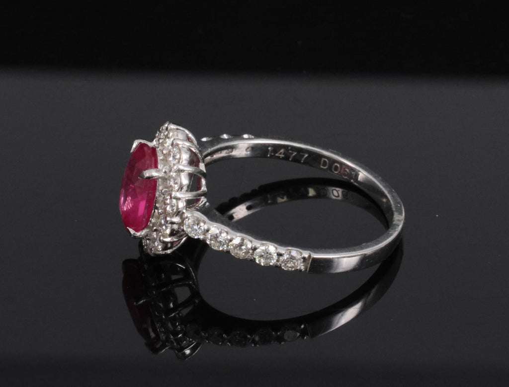 Fine 1.47ct GIA Mozambique Vivid Red Ruby & 0.61ct Diamond Platinum Ring Size 6