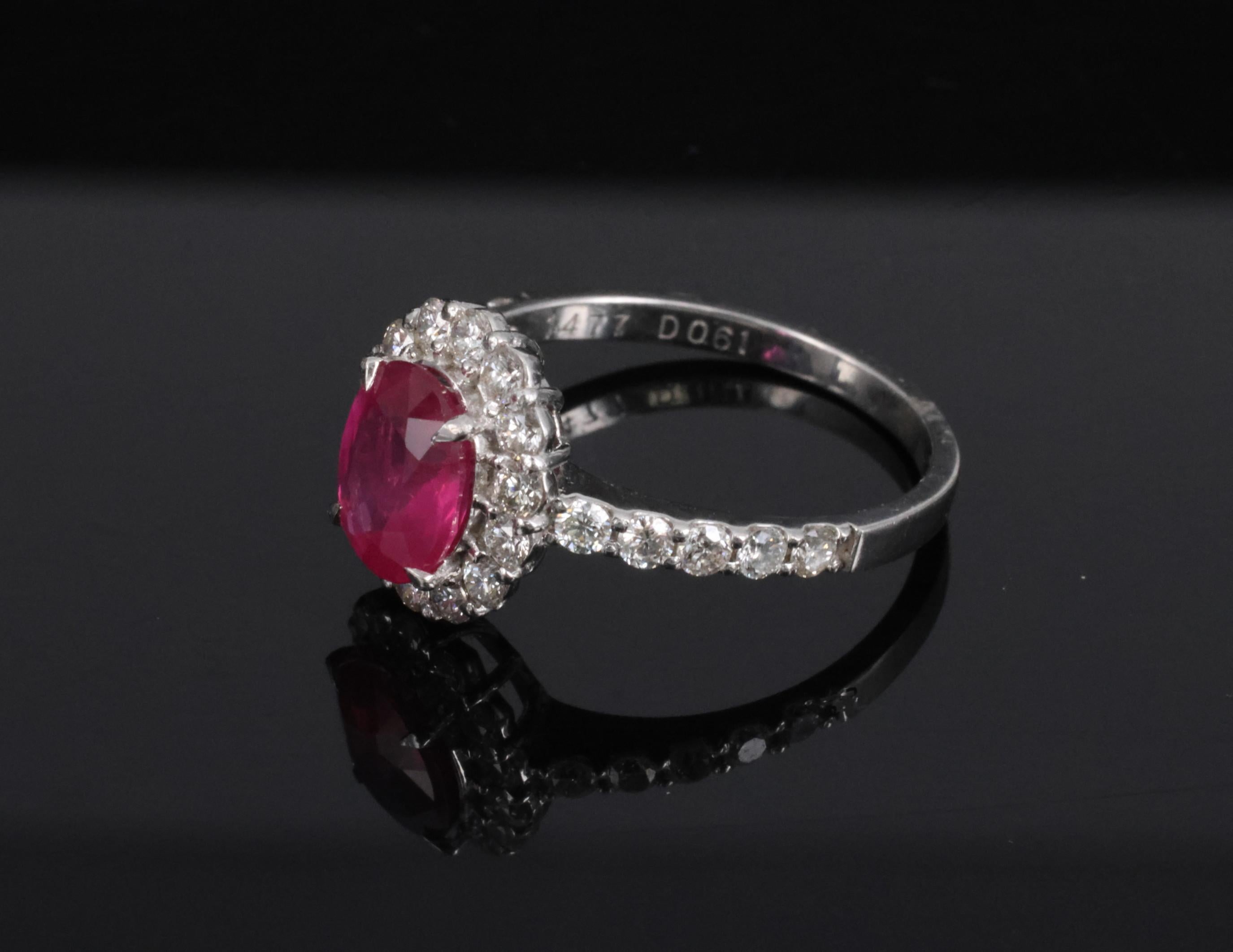 Fine 1.47ct GIA Mozambique Vivid Red Ruby & 0.61ct Diamond Platinum Ring Size 6