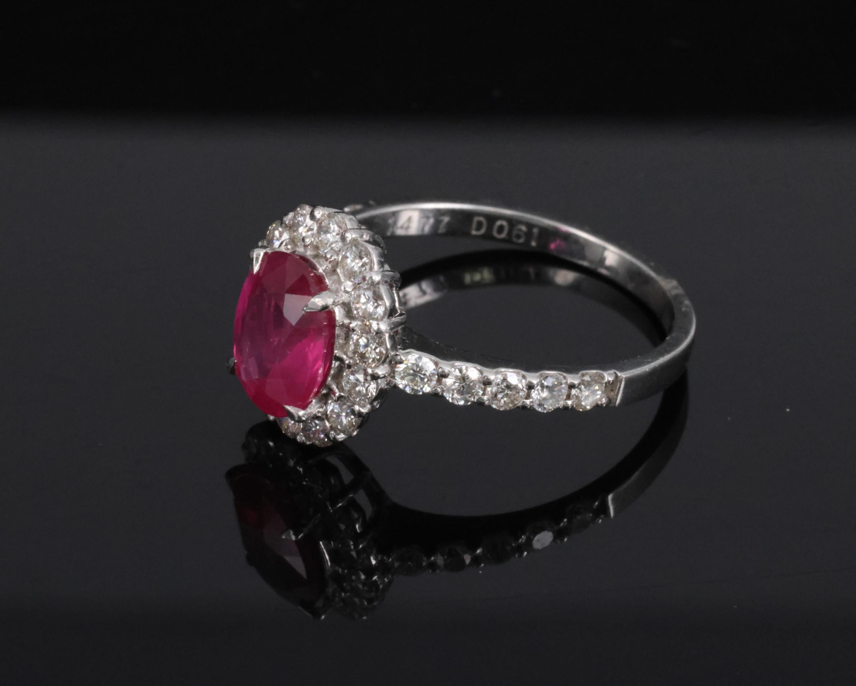 Fine 1.47ct GIA Mozambique Vivid Red Ruby & 0.61ct Diamond Platinum Ring Size 6