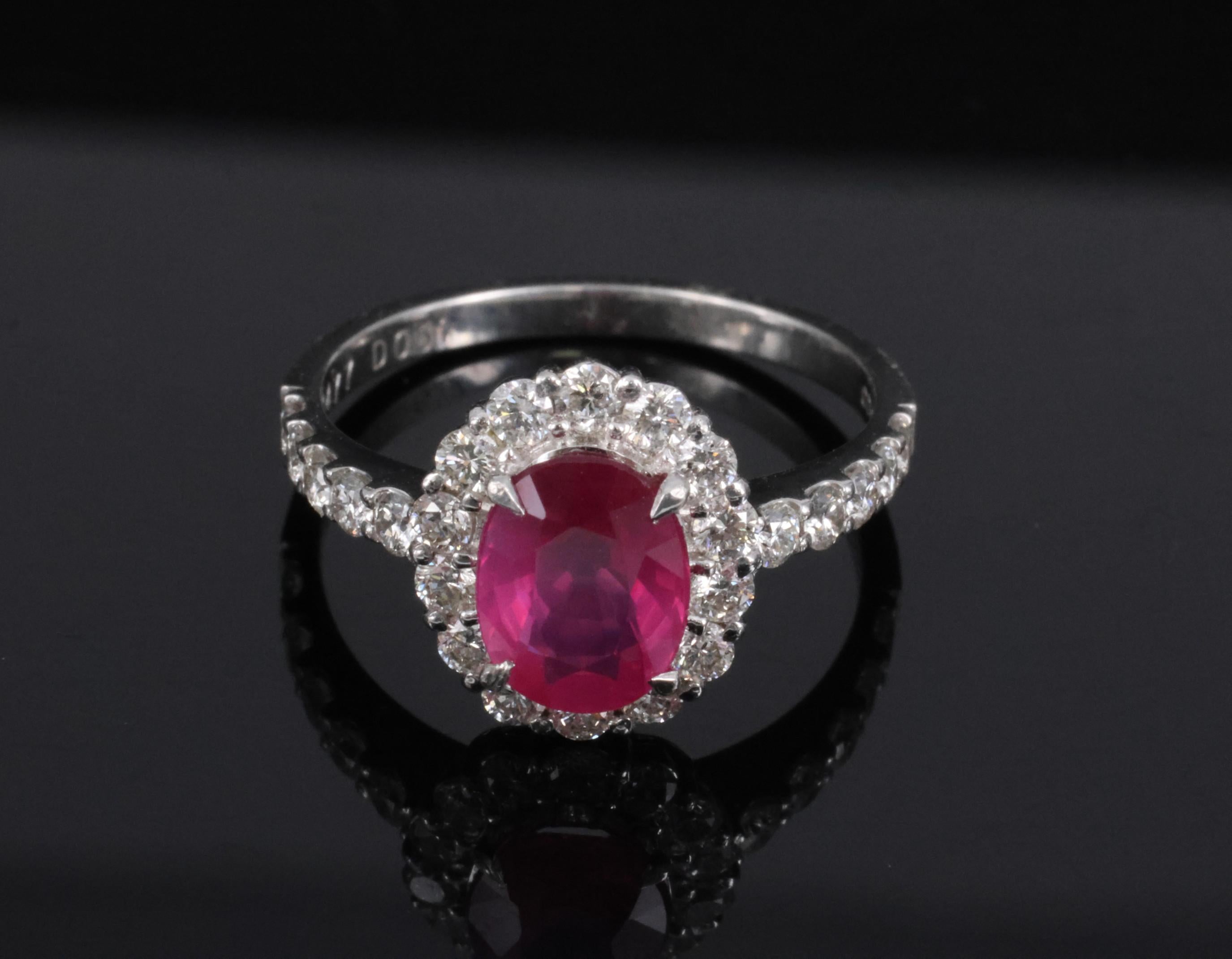 Fine 1.47ct GIA Mozambique Vivid Red Ruby & 0.61ct Diamond Platinum Ring Size 6