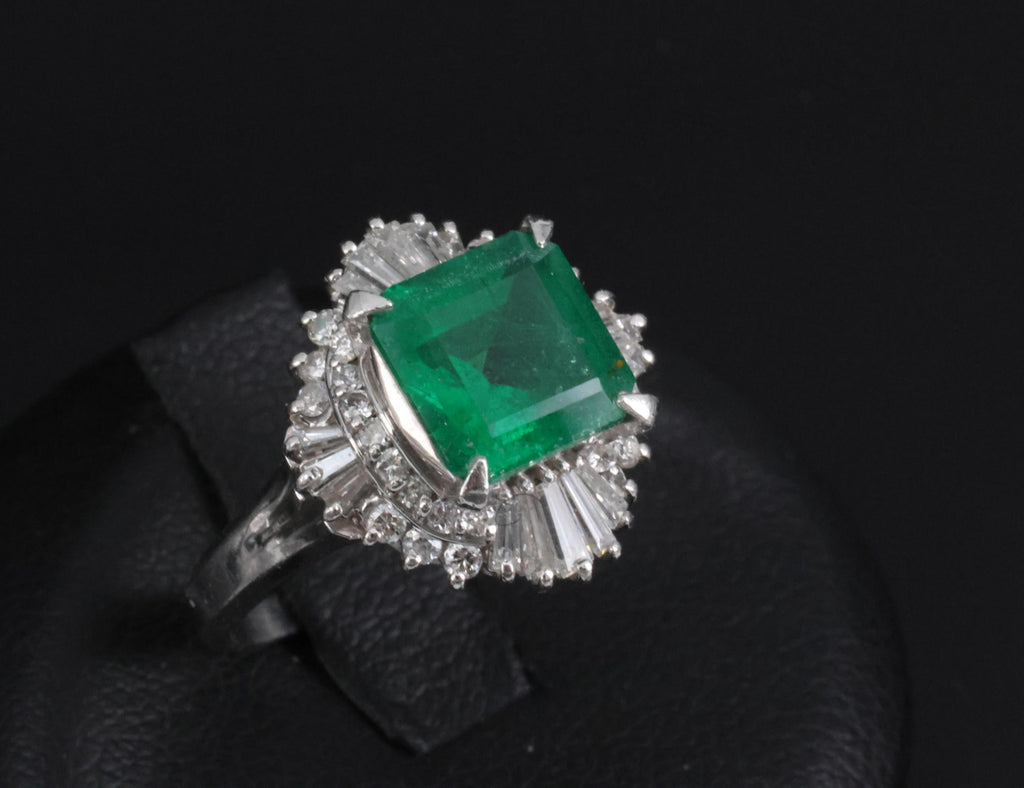 Vintage 2.29ct Natural Colombian Emerald & 0.69ct Diamond Platinum Ring, Size 6