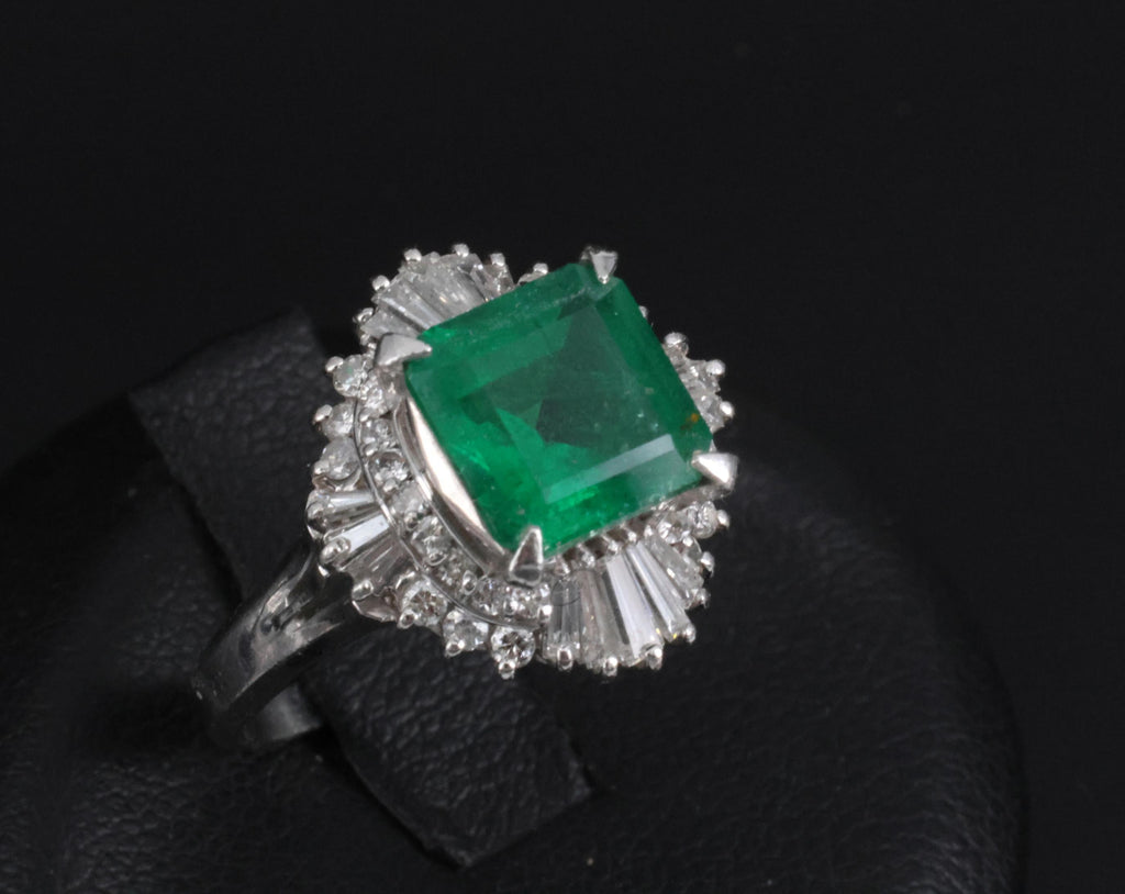 Vintage 2.29ct Natural Colombian Emerald & 0.69ct Diamond Platinum Ring, Size 6