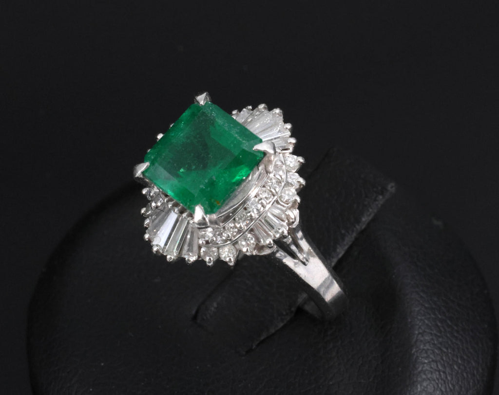 Vintage 2.29ct Natural Colombian Emerald & 0.69ct Diamond Platinum Ring, Size 6