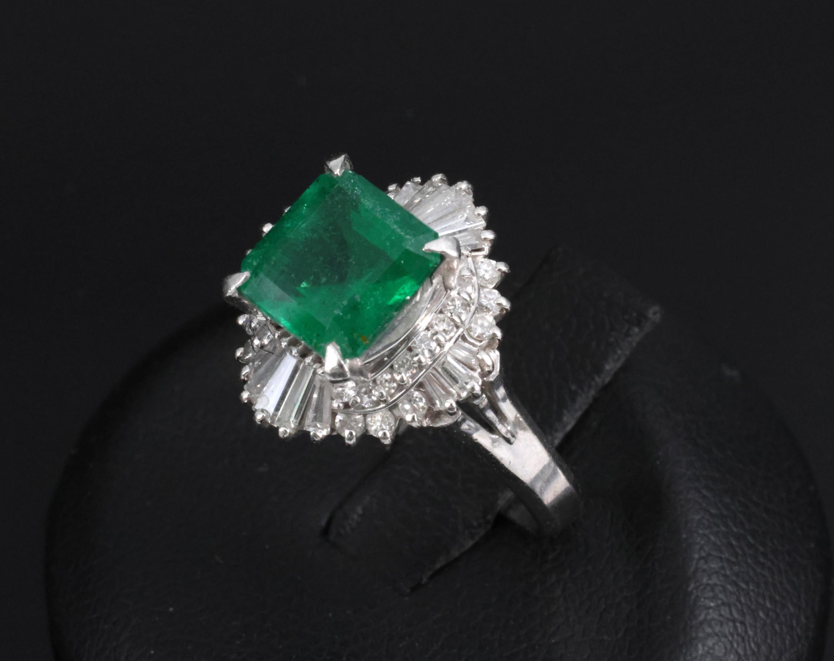 Vintage 2.29ct Natural Colombian Emerald & 0.69ct Diamond Platinum Ring, Size 6
