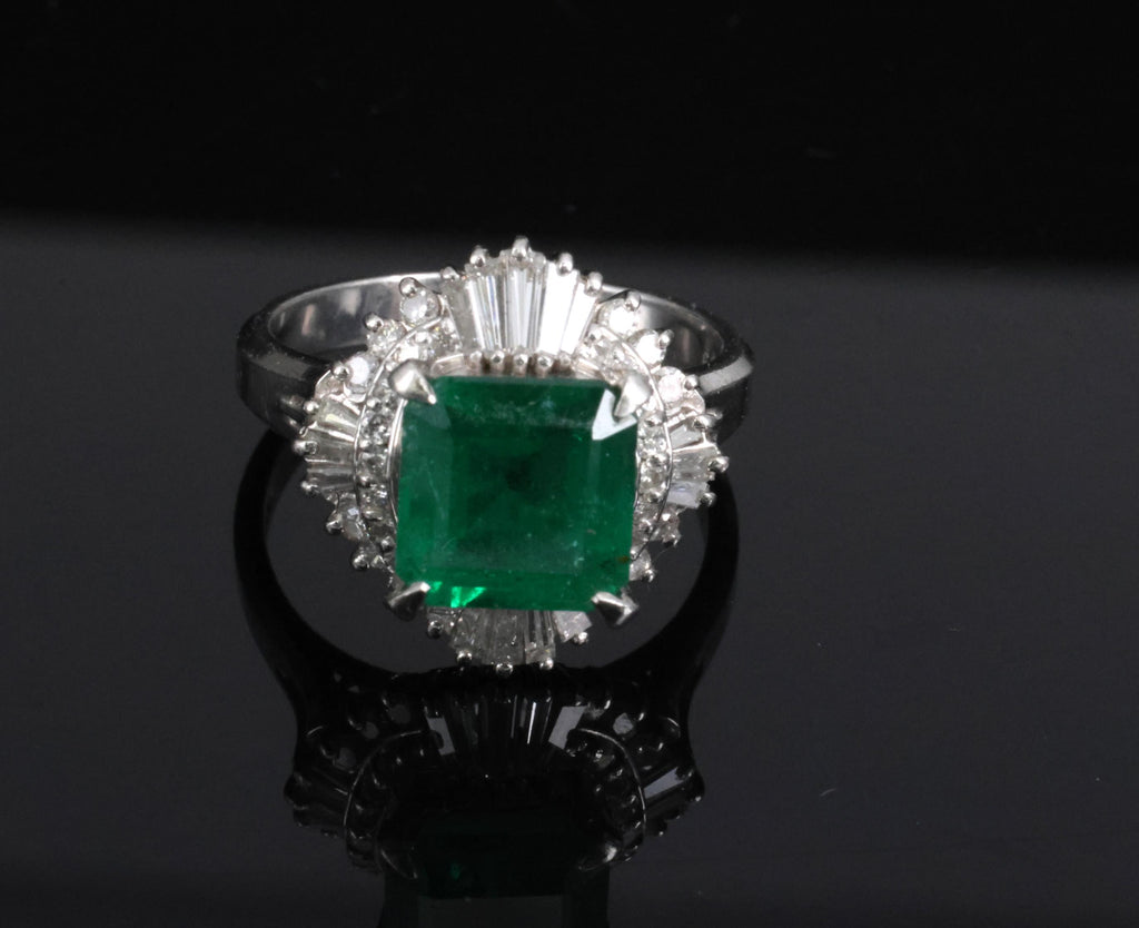 Vintage 2.29ct Natural Colombian Emerald & 0.69ct Diamond Platinum Ring, Size 6