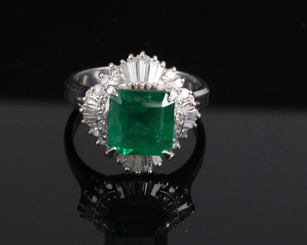 Vintage 2.29ct Natural Colombian Emerald & 0.69ct Diamond Platinum Ring, Size 6