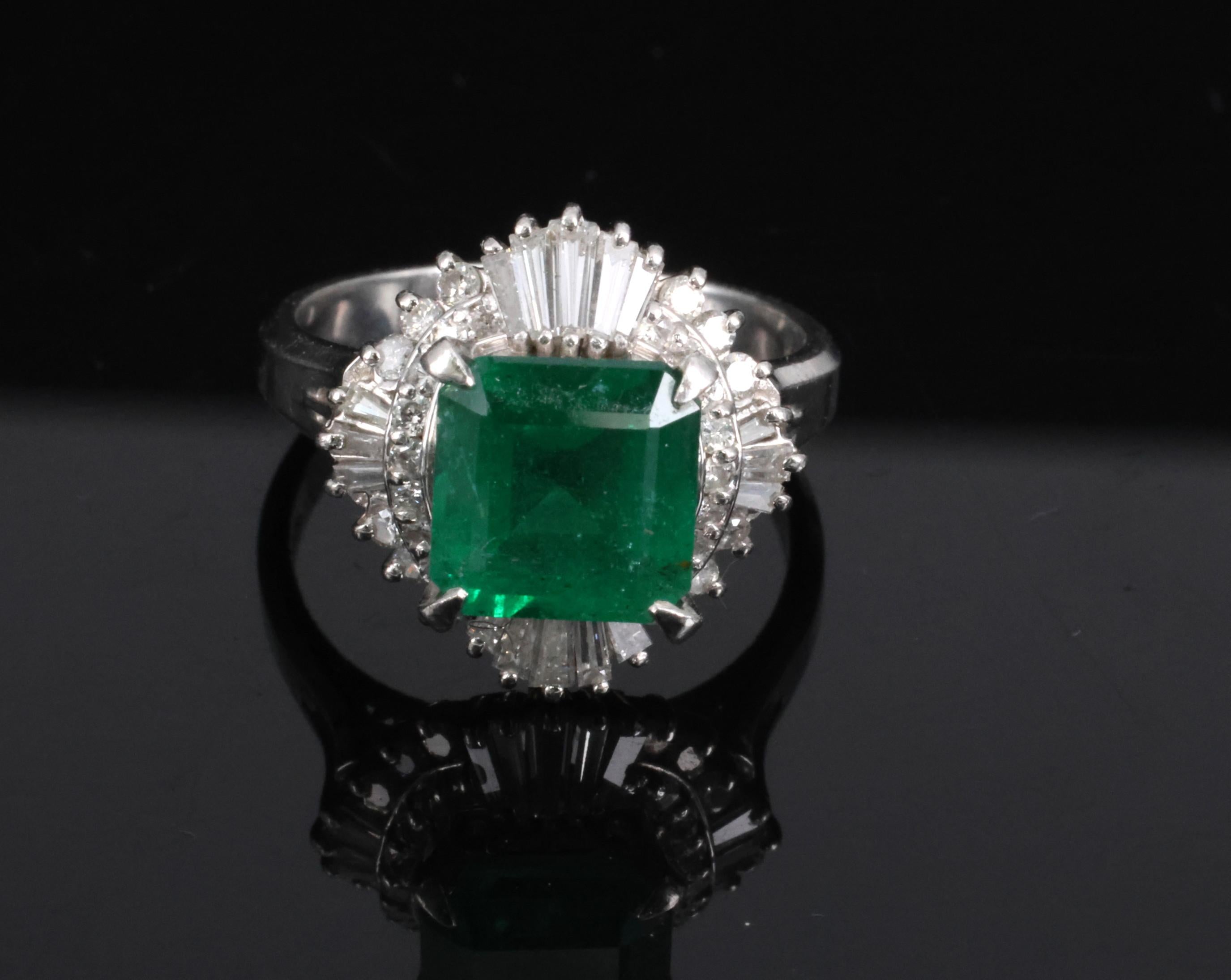 Vintage 2.29ct Natural Colombian Emerald & 0.69ct Diamond Platinum Ring, Size 6