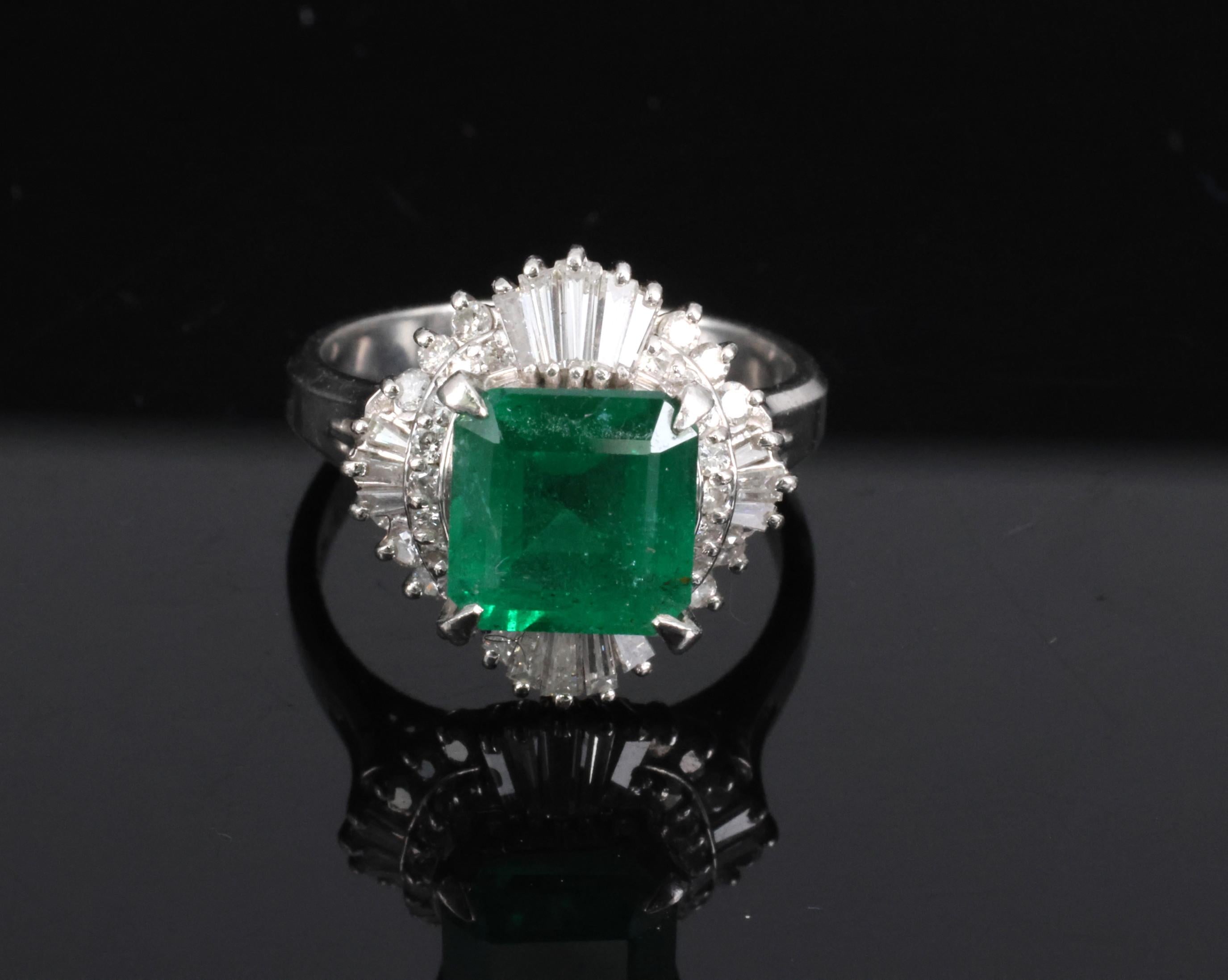 Vintage 2.29ct Natural Colombian Emerald & 0.69ct Diamond Platinum Ring, Size 6