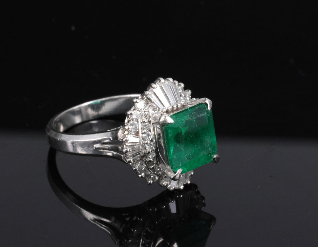 Vintage 2.29ct Natural Colombian Emerald & 0.69ct Diamond Platinum Ring, Size 6