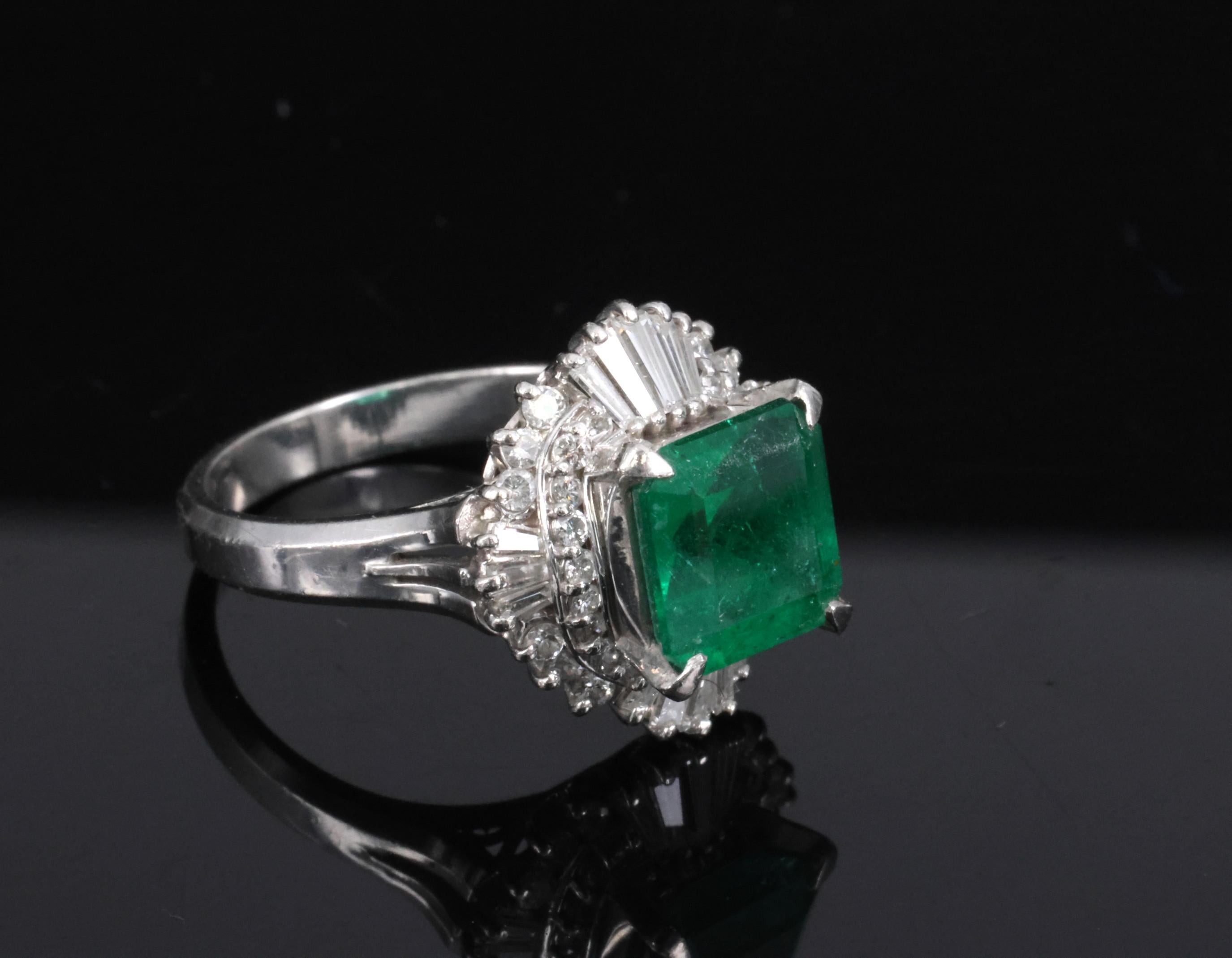 Vintage 2.29ct Natural Colombian Emerald & 0.69ct Diamond Platinum Ring, Size 6