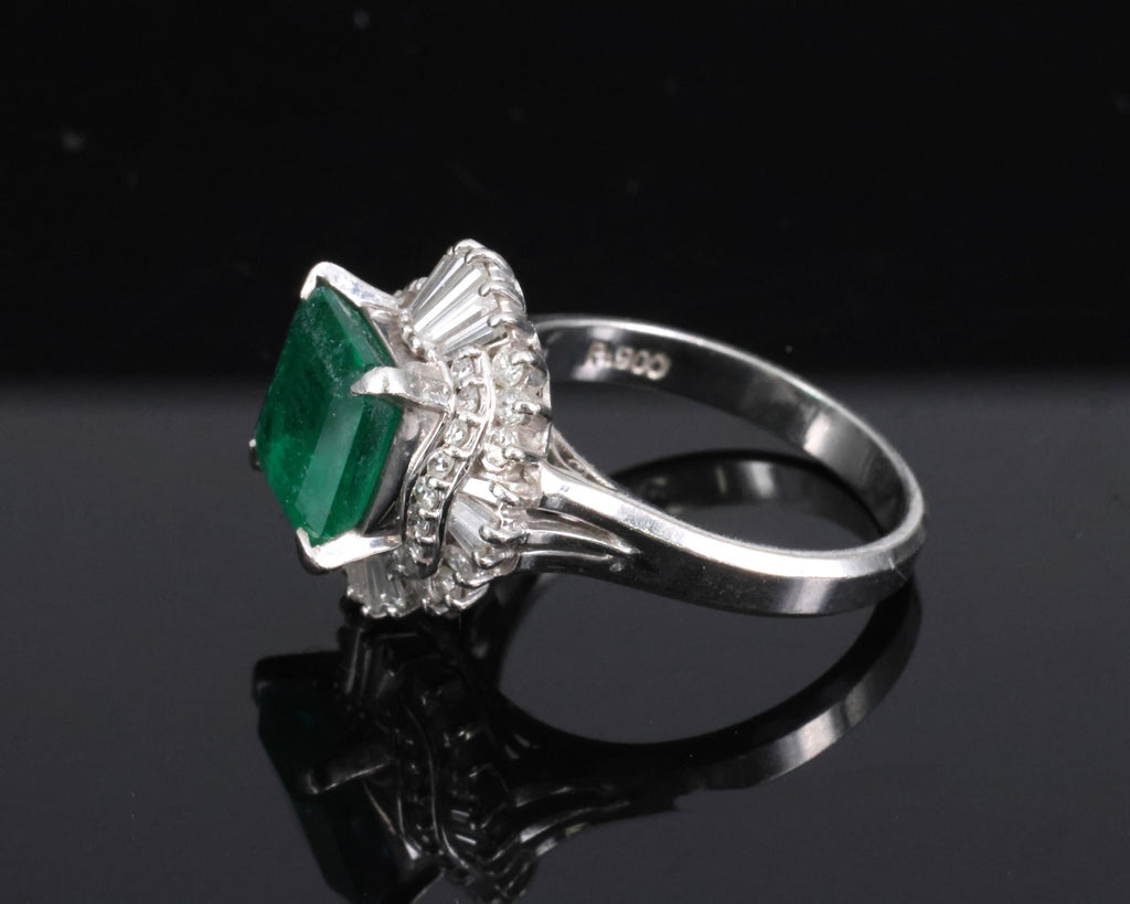Vintage 2.29ct Natural Colombian Emerald & 0.69ct Diamond Platinum Ring, Size 6