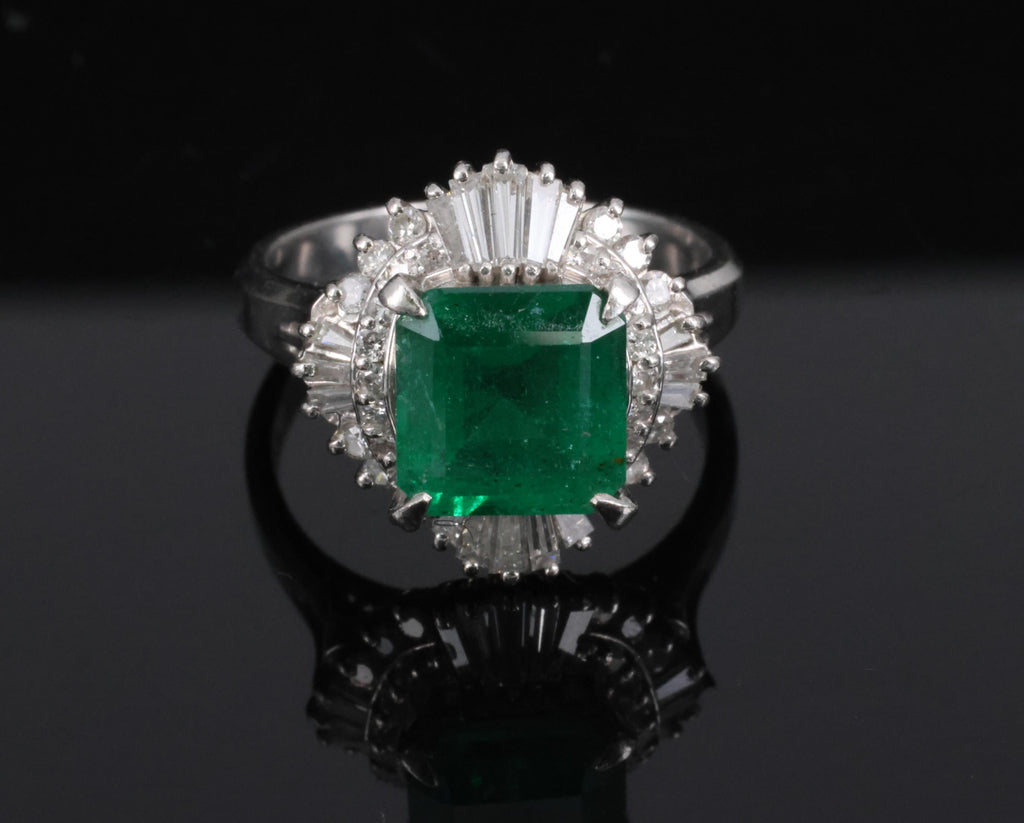 Vintage 2.29ct Natural Colombian Emerald & 0.69ct Diamond Platinum Ring, Size 6