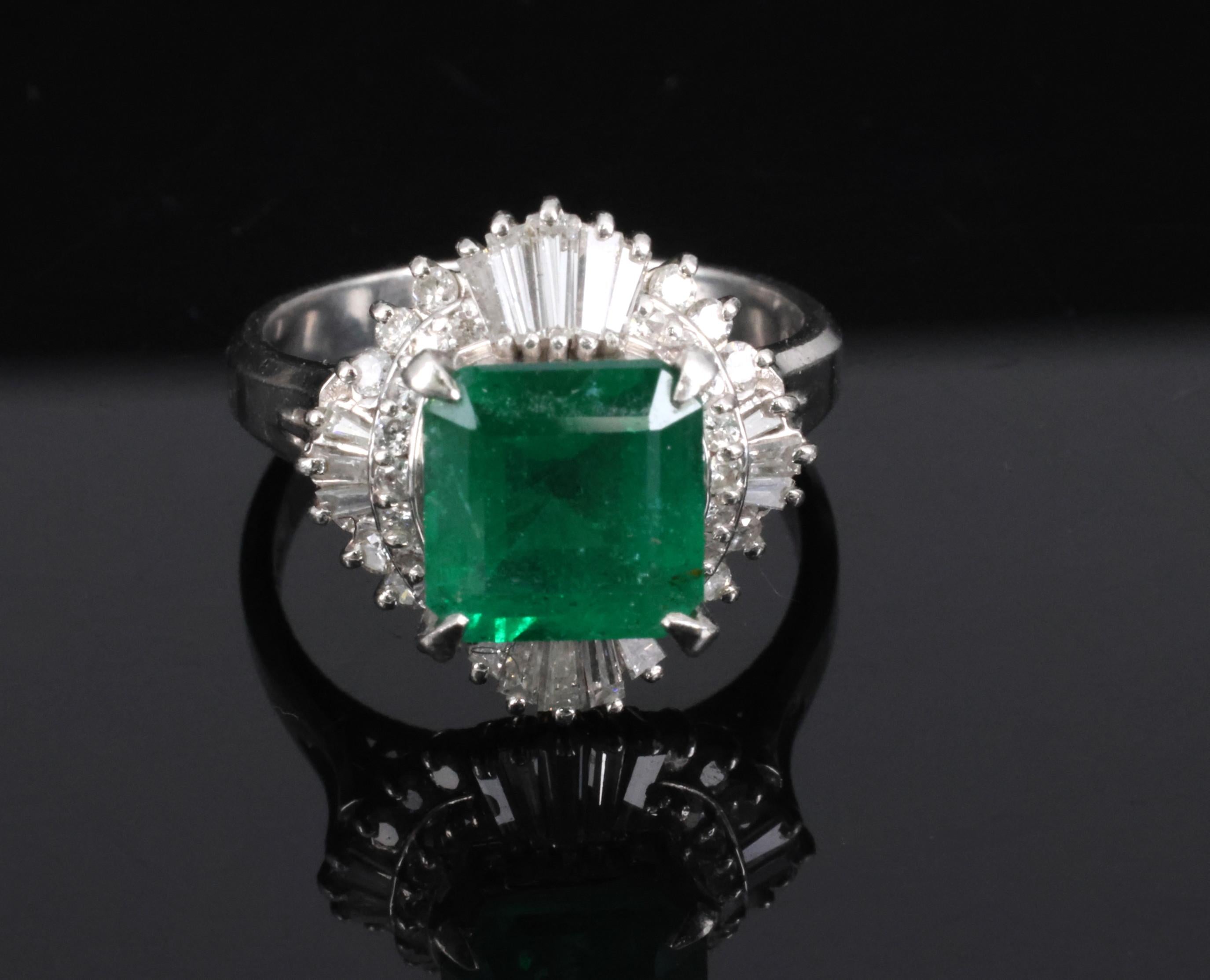 Vintage 2.29ct Natural Colombian Emerald & 0.69ct Diamond Platinum Ring, Size 6