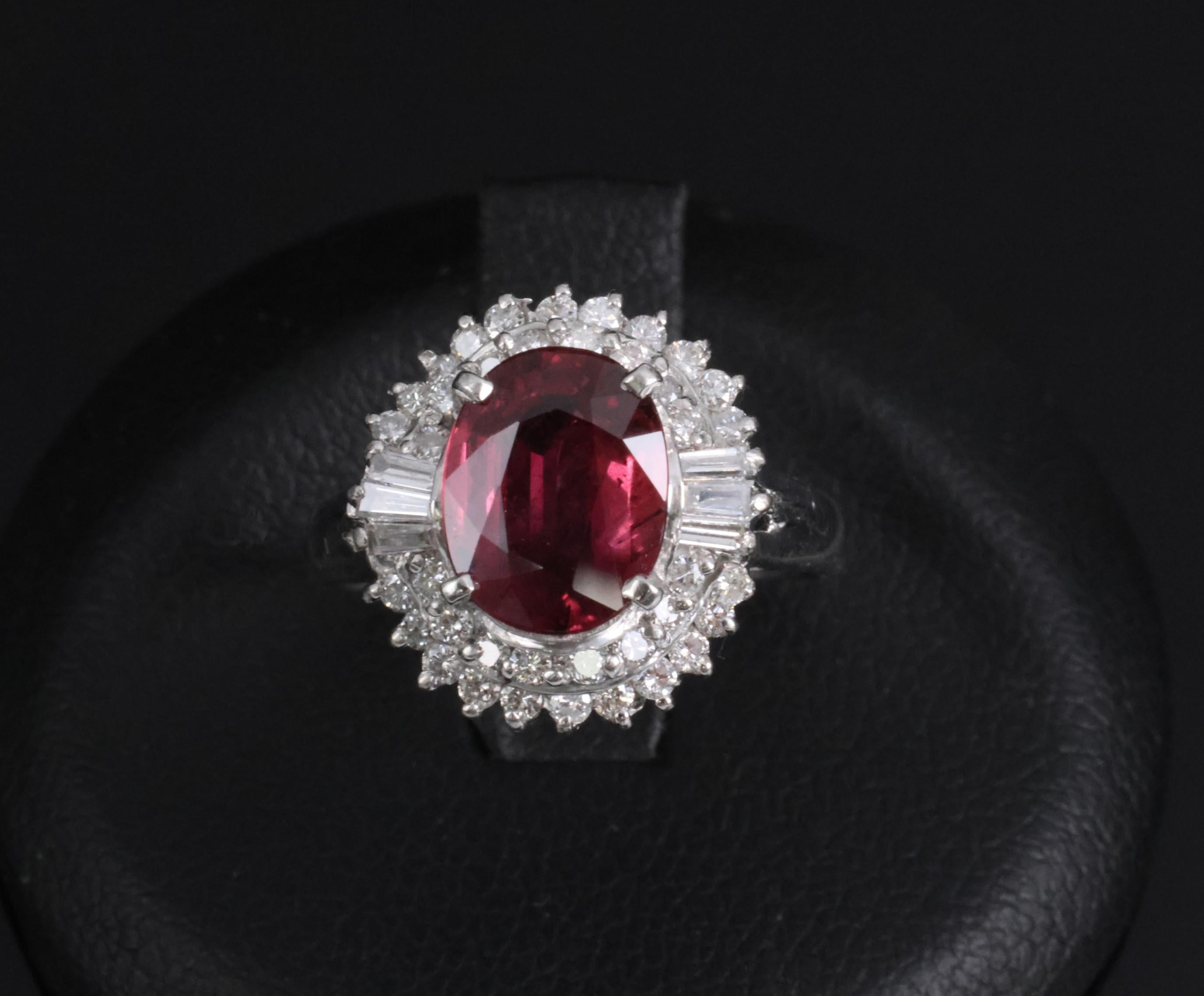Vintage 2.04ct GIA Certified Thai Ruby & 0.49ct Diamond Platinum Ring, Size 5.25