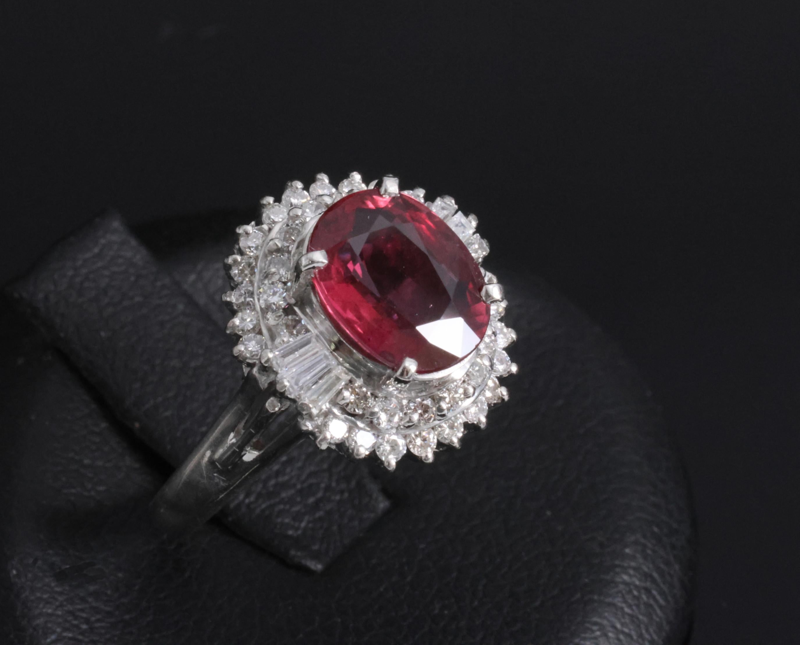 Vintage 2.04ct GIA Certified Thai Ruby & 0.49ct Diamond Platinum Ring, Size 5.25