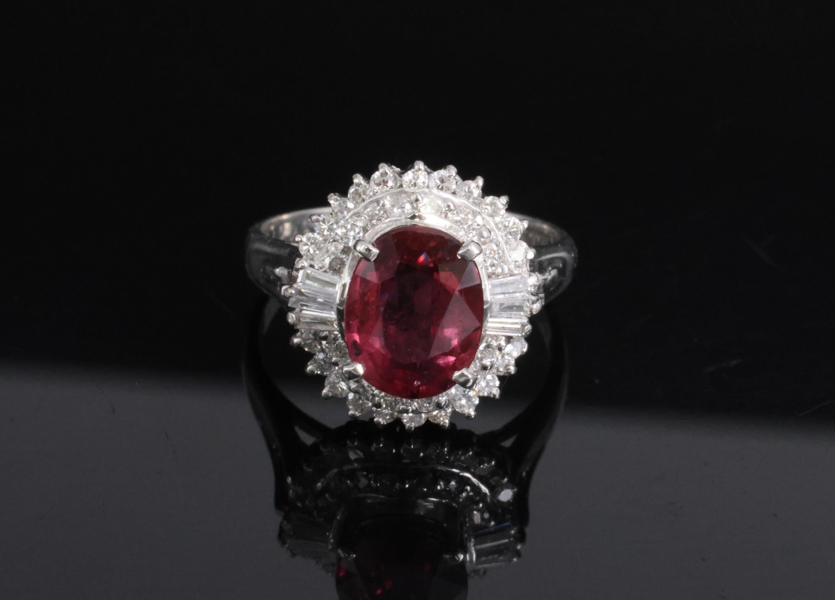 Vintage 2.04ct GIA Certified Thai Ruby & 0.49ct Diamond Platinum Ring, Size 5.25