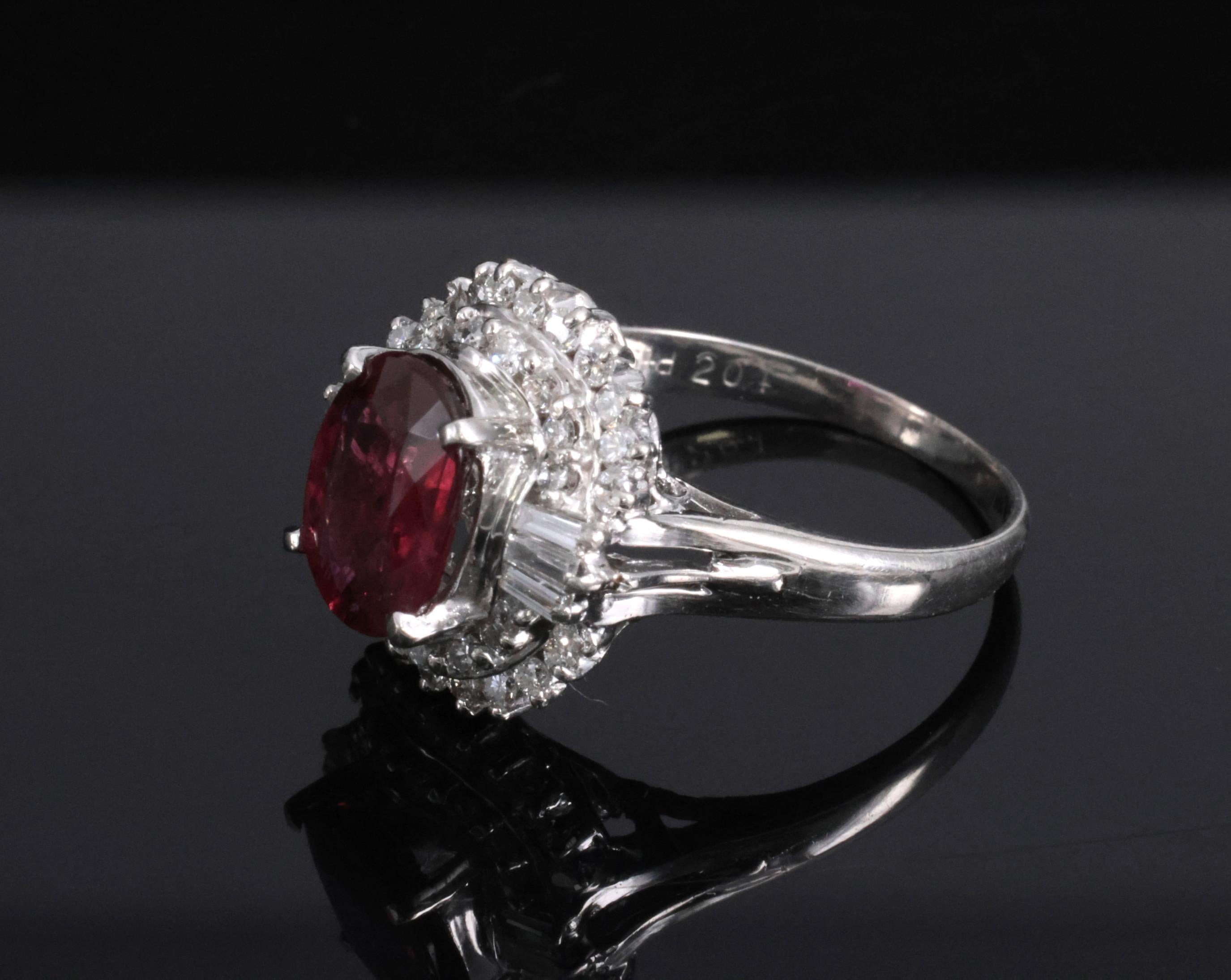 Vintage 2.04ct GIA Certified Thai Ruby & 0.49ct Diamond Platinum Ring, Size 5.25