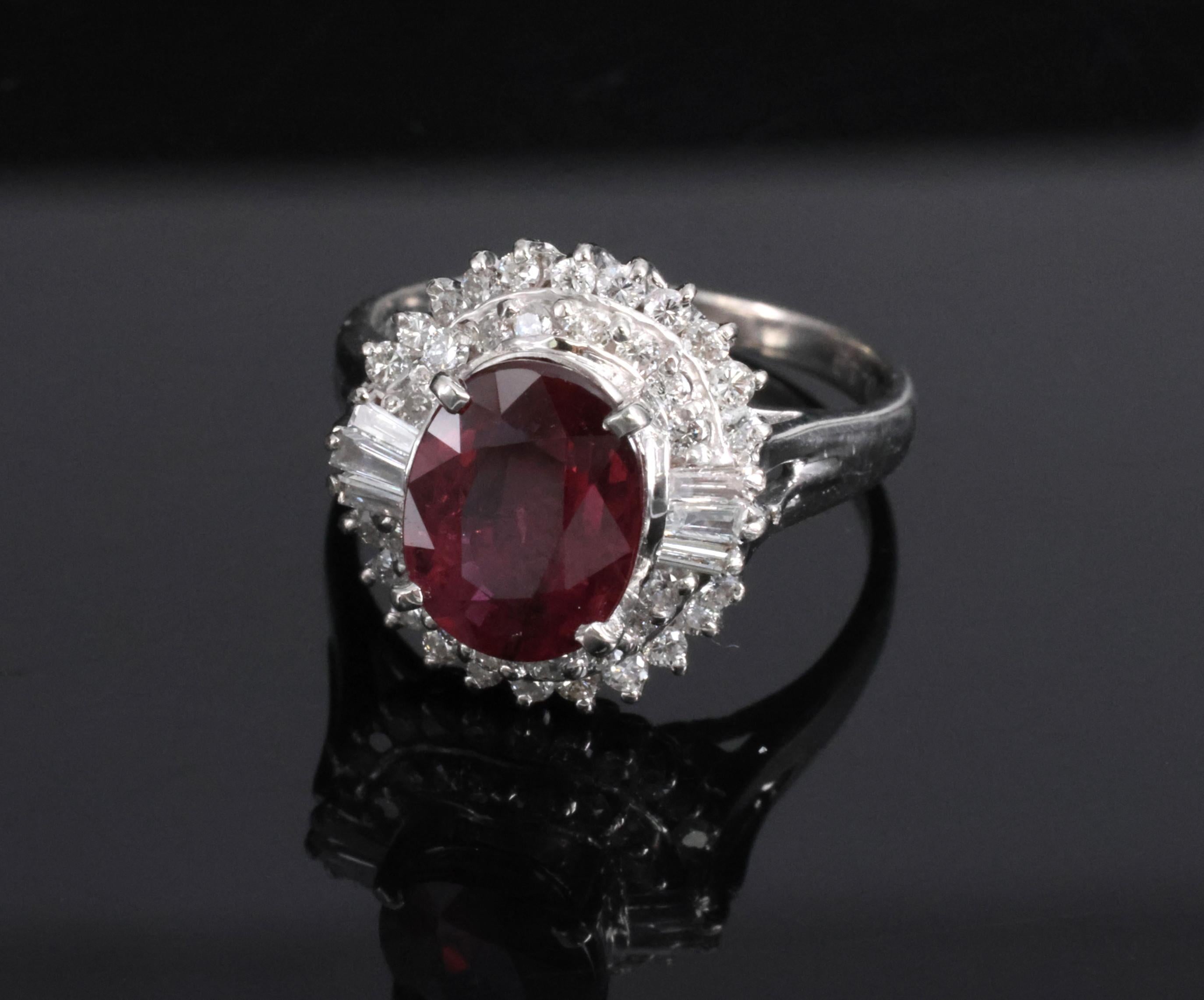 Vintage 2.04ct GIA Certified Thai Ruby & 0.49ct Diamond Platinum Ring, Size 5.25