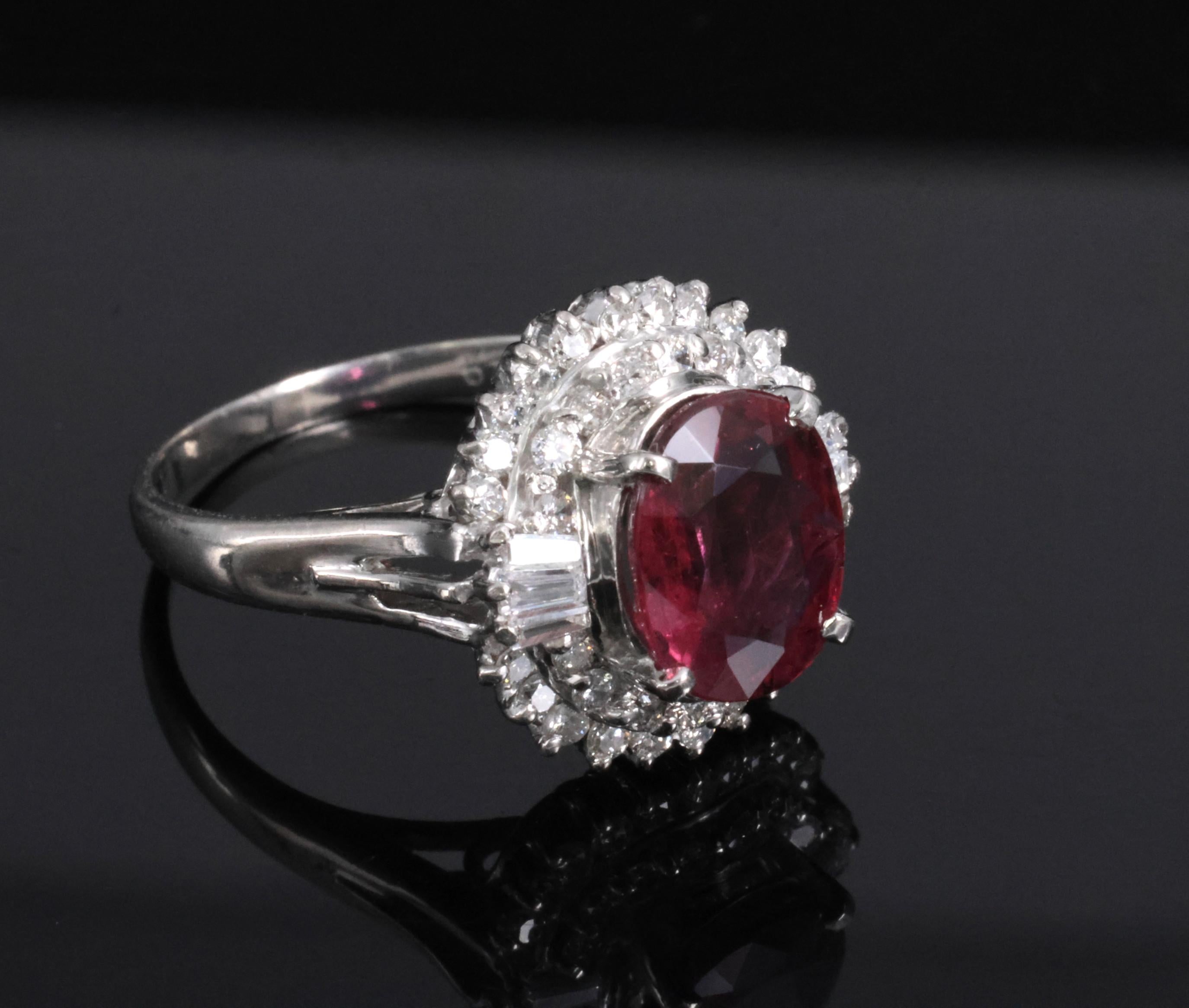 Vintage 2.04ct GIA Certified Thai Ruby & 0.49ct Diamond Platinum Ring, Size 5.25