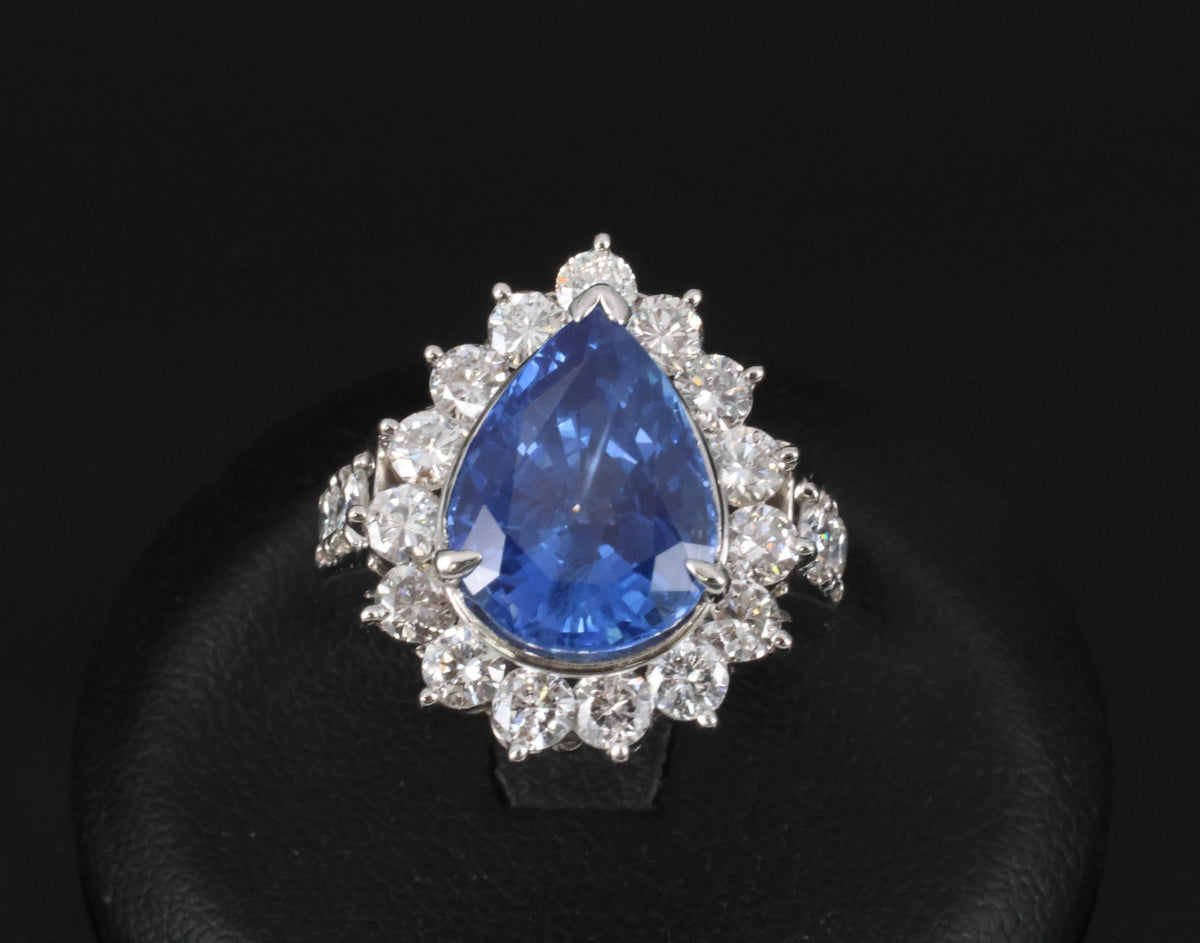 5.67ct Pear Shape GIA Ceylon Sapphire & 2.31ct Diamond Platinum Ring Size 6.25
