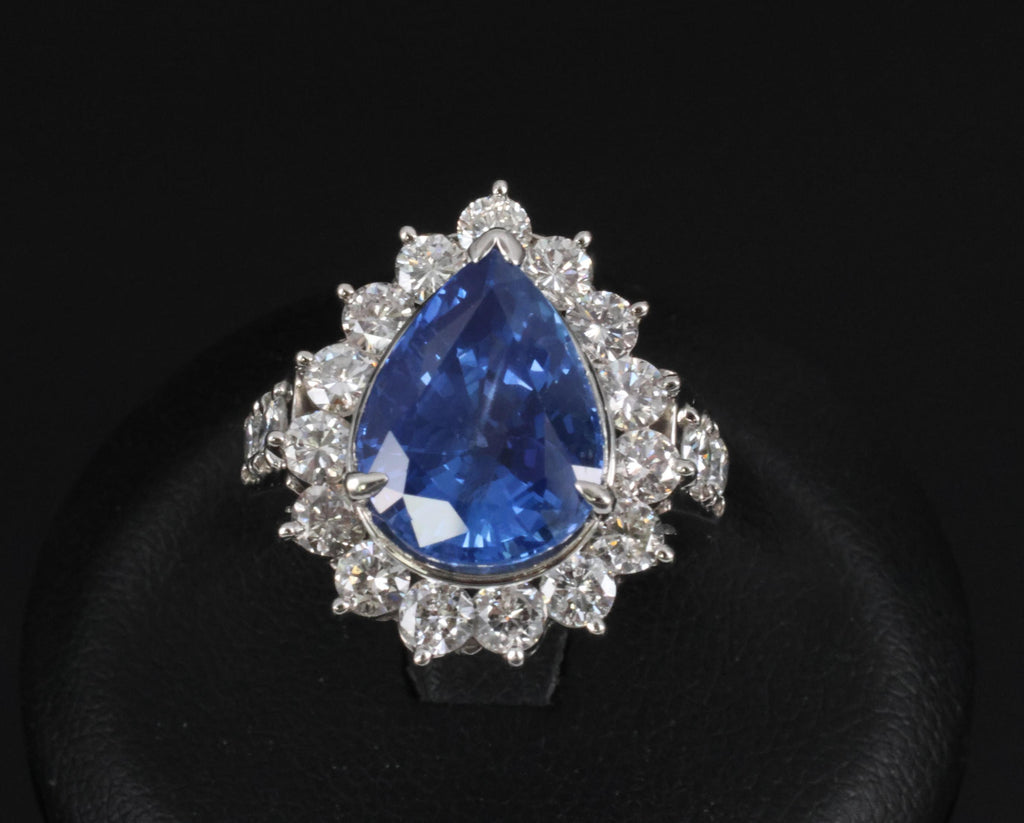 5.67ct Pear Shape GIA Ceylon Sapphire & 2.31ct Diamond Platinum Ring Size 6.25