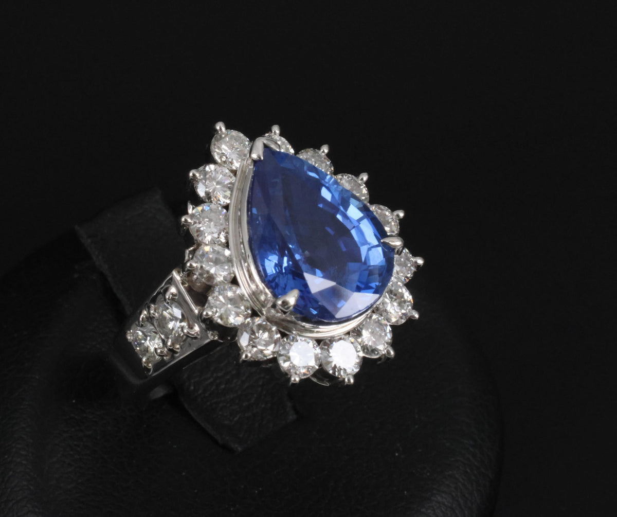 5.67ct Pear Shape GIA Ceylon Sapphire & 2.31ct Diamond Platinum Ring Size 6.25