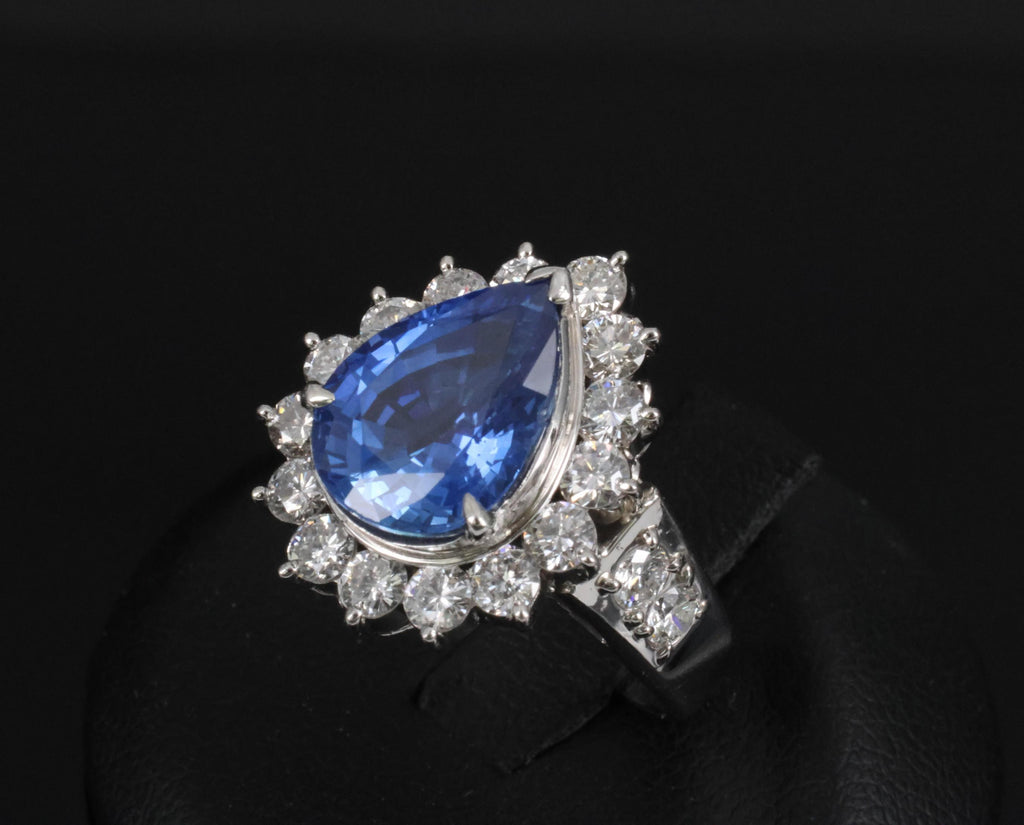 5.67ct Pear Shape GIA Ceylon Sapphire & 2.31ct Diamond Platinum Ring Size 6.25