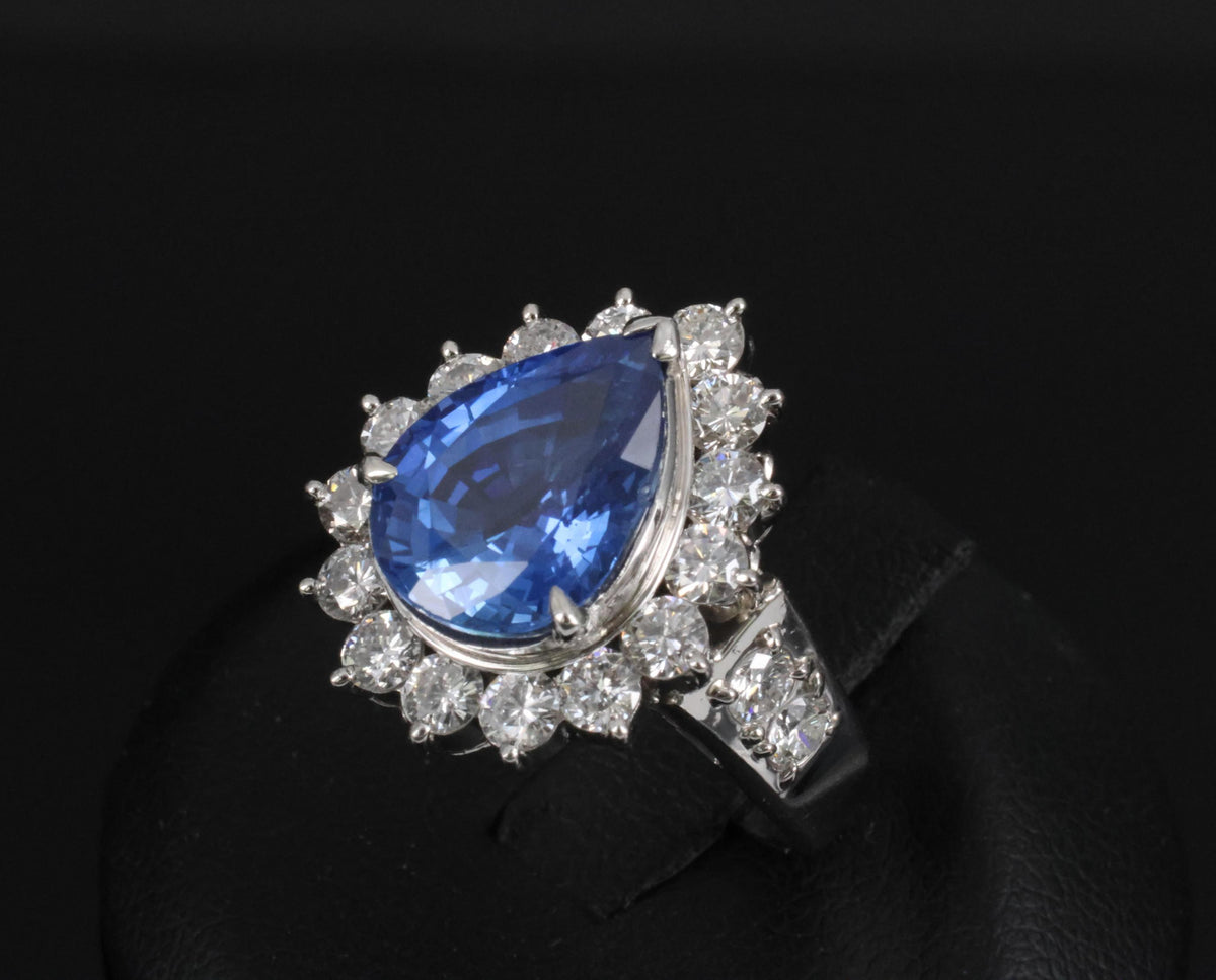 5.67ct Pear Shape GIA Ceylon Sapphire & 2.31ct Diamond Platinum Ring Size 6.25