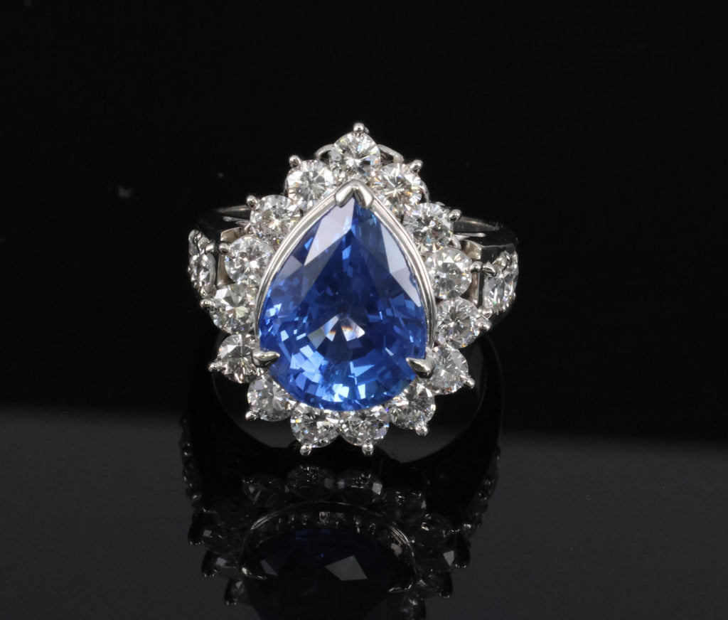5.67ct Pear Shape GIA Ceylon Sapphire & 2.31ct Diamond Platinum Ring Size 6.25