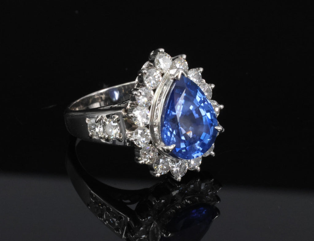5.67ct Pear Shape GIA Ceylon Sapphire & 2.31ct Diamond Platinum Ring Size 6.25