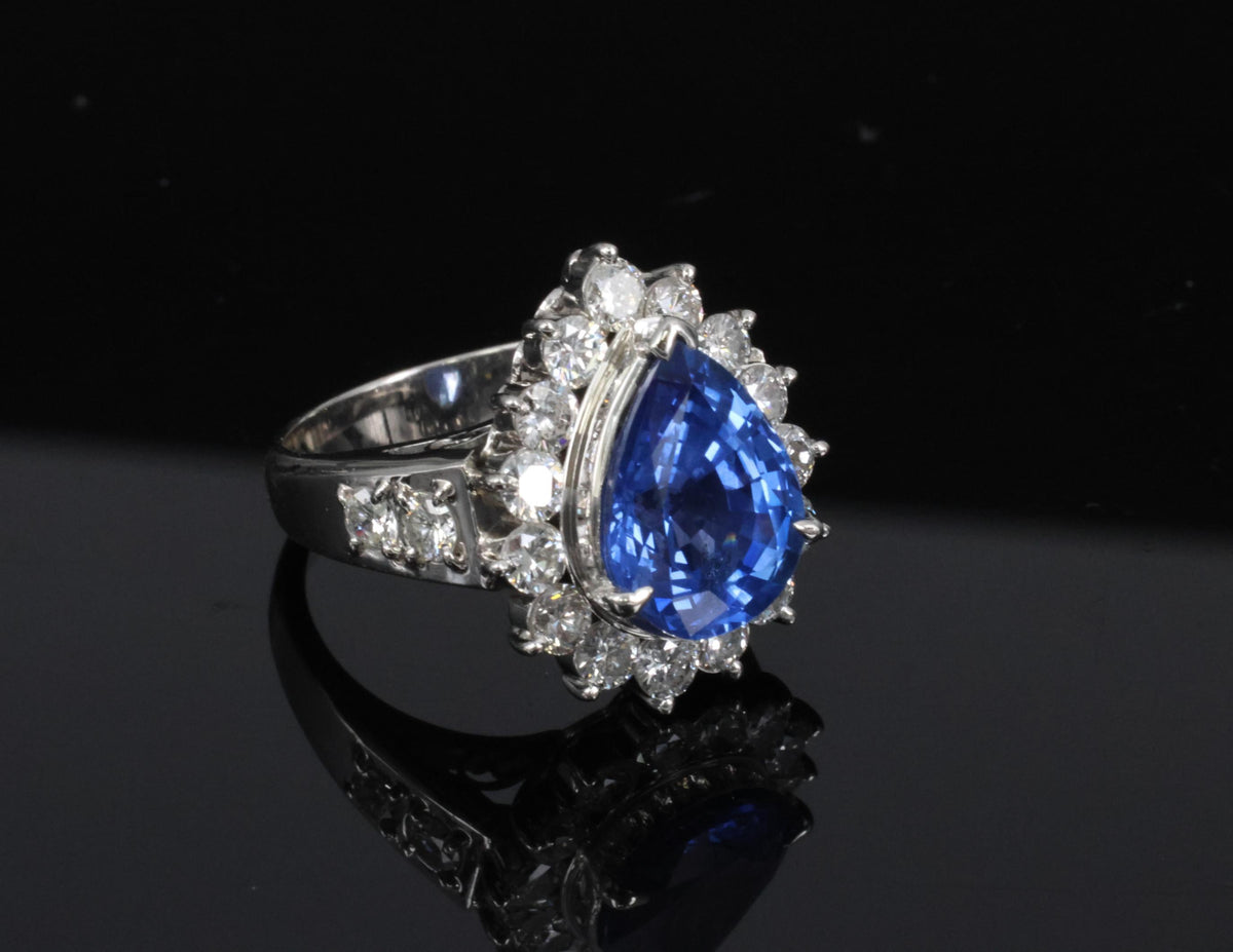 5.67ct Pear Shape GIA Ceylon Sapphire & 2.31ct Diamond Platinum Ring Size 6.25