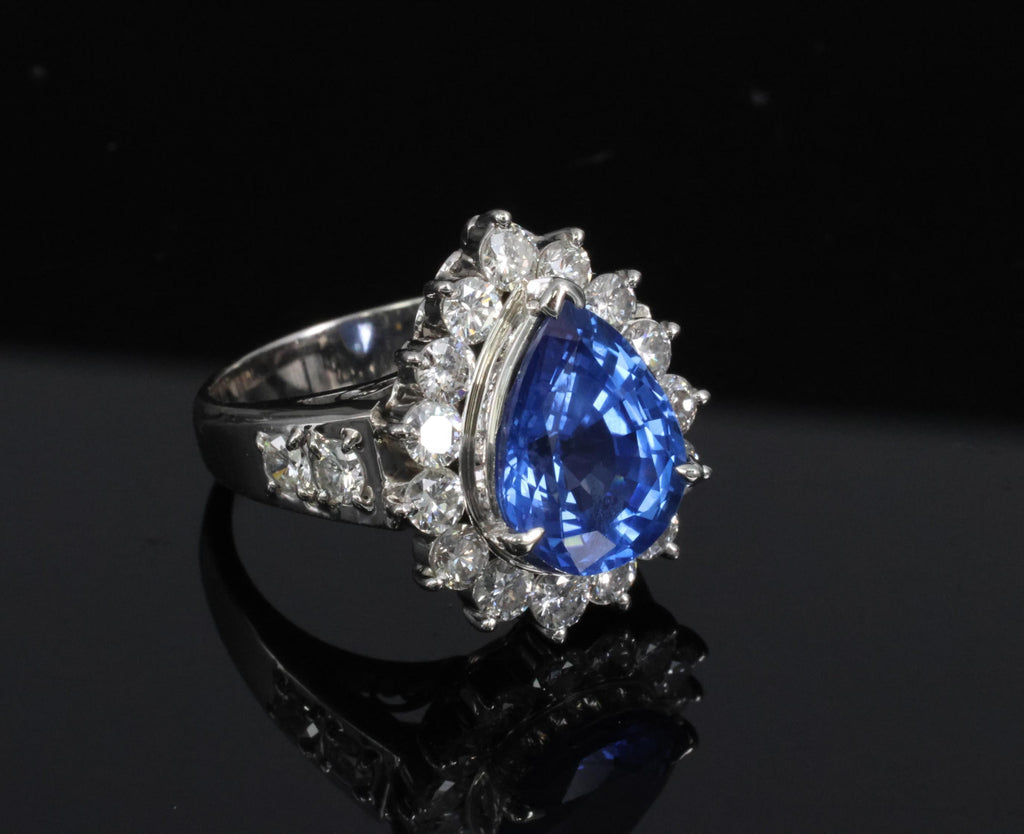 5.67ct Pear Shape GIA Ceylon Sapphire & 2.31ct Diamond Platinum Ring Size 6.25