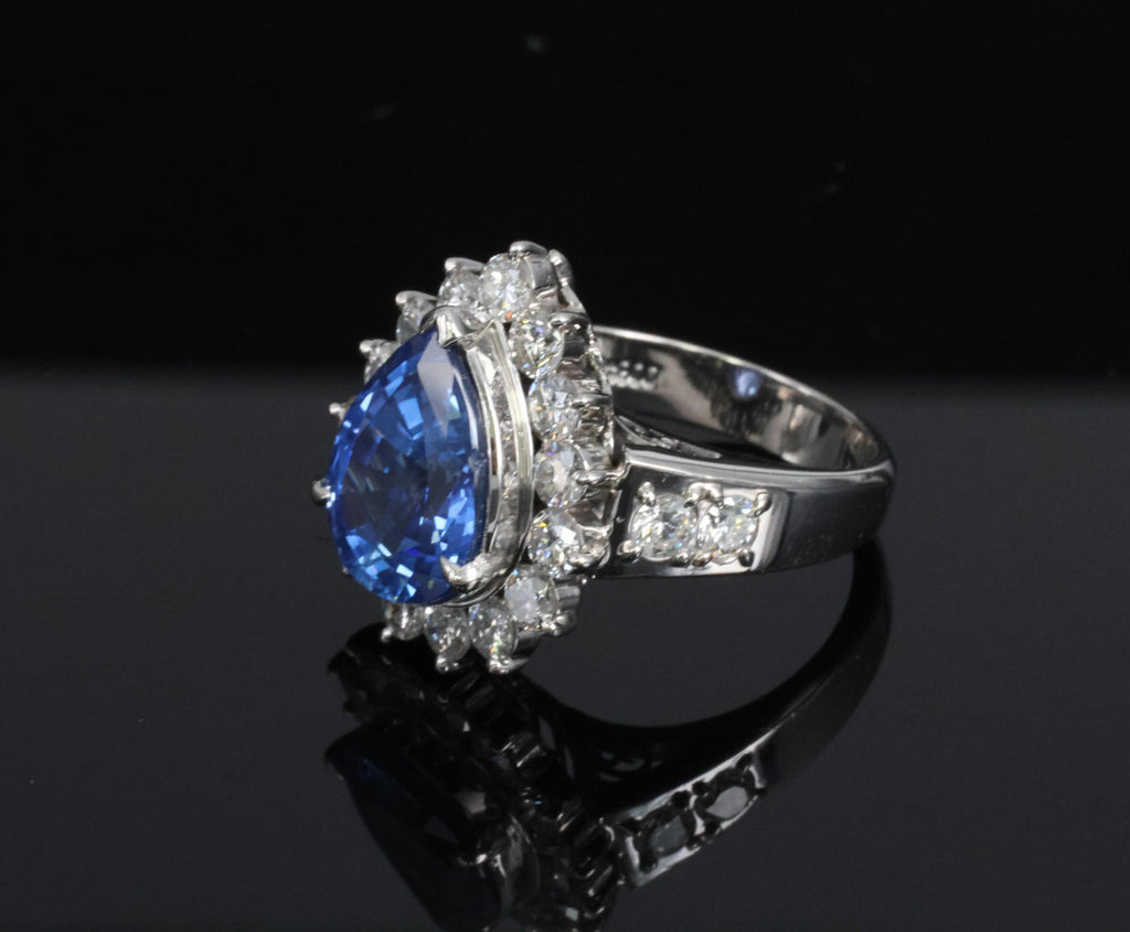 5.67ct Pear Shape GIA Ceylon Sapphire & 2.31ct Diamond Platinum Ring Size 6.25