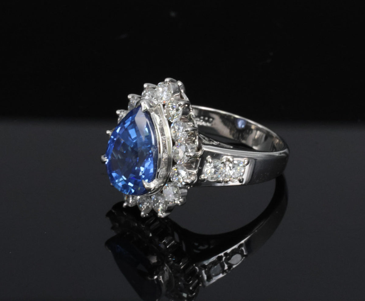 5.67ct Pear Shape GIA Ceylon Sapphire & 2.31ct Diamond Platinum Ring Size 6.25