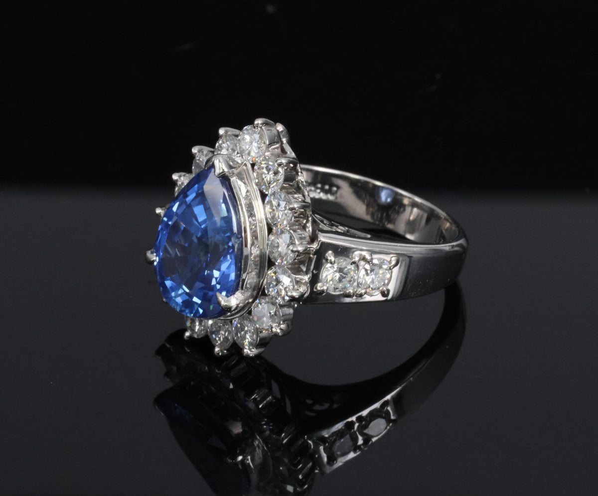 5.67ct Pear Shape GIA Ceylon Sapphire & 2.31ct Diamond Platinum Ring Size 6.25