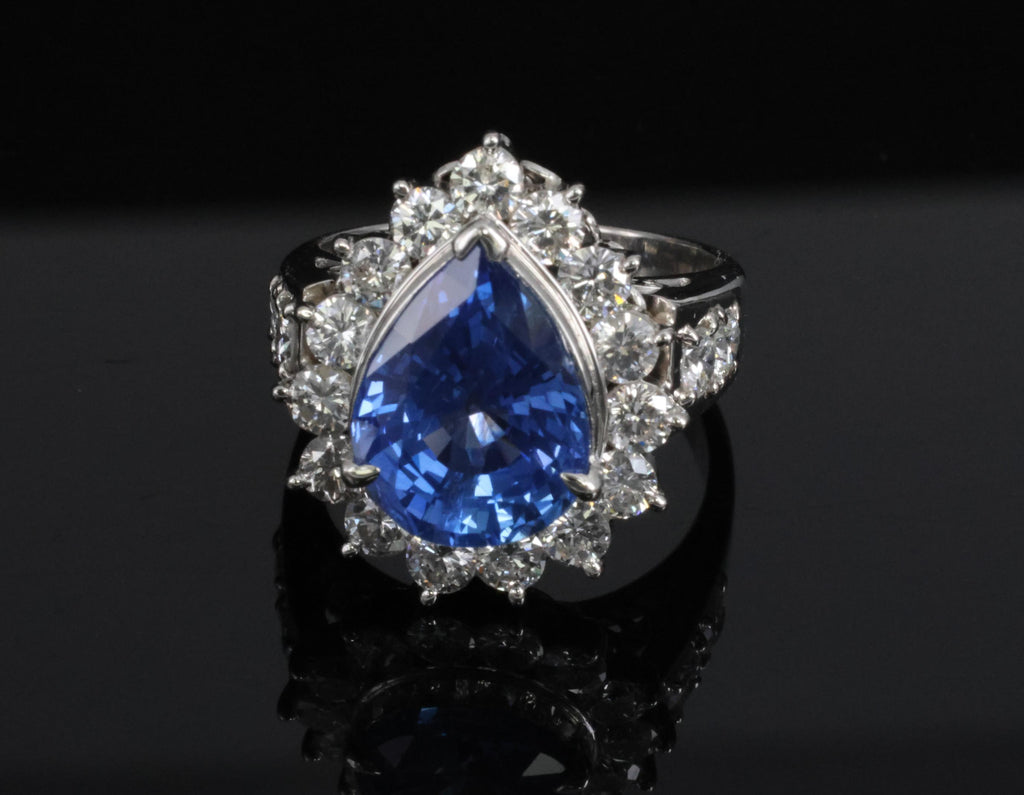 5.67ct Pear Shape GIA Ceylon Sapphire & 2.31ct Diamond Platinum Ring Size 6.25
