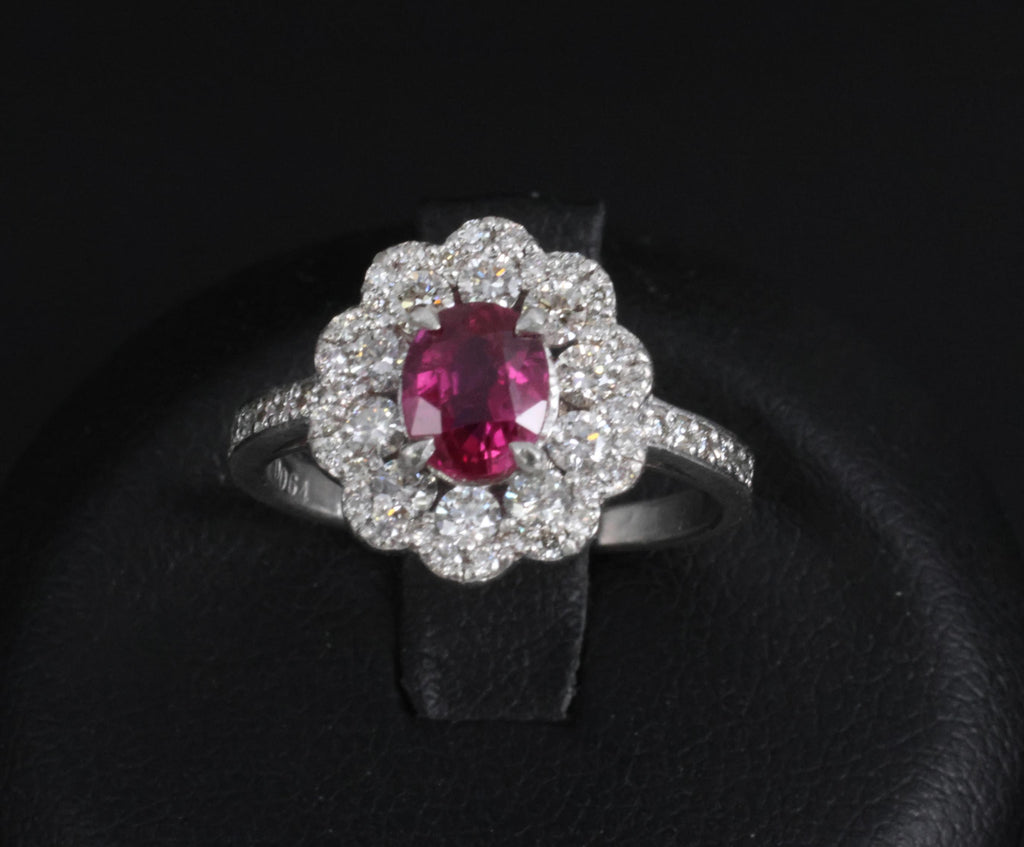 Fine 1.0ct GIA Mozambique No Heat Ruby & 0.64ct Diamond Platinum Ring Size 5.75