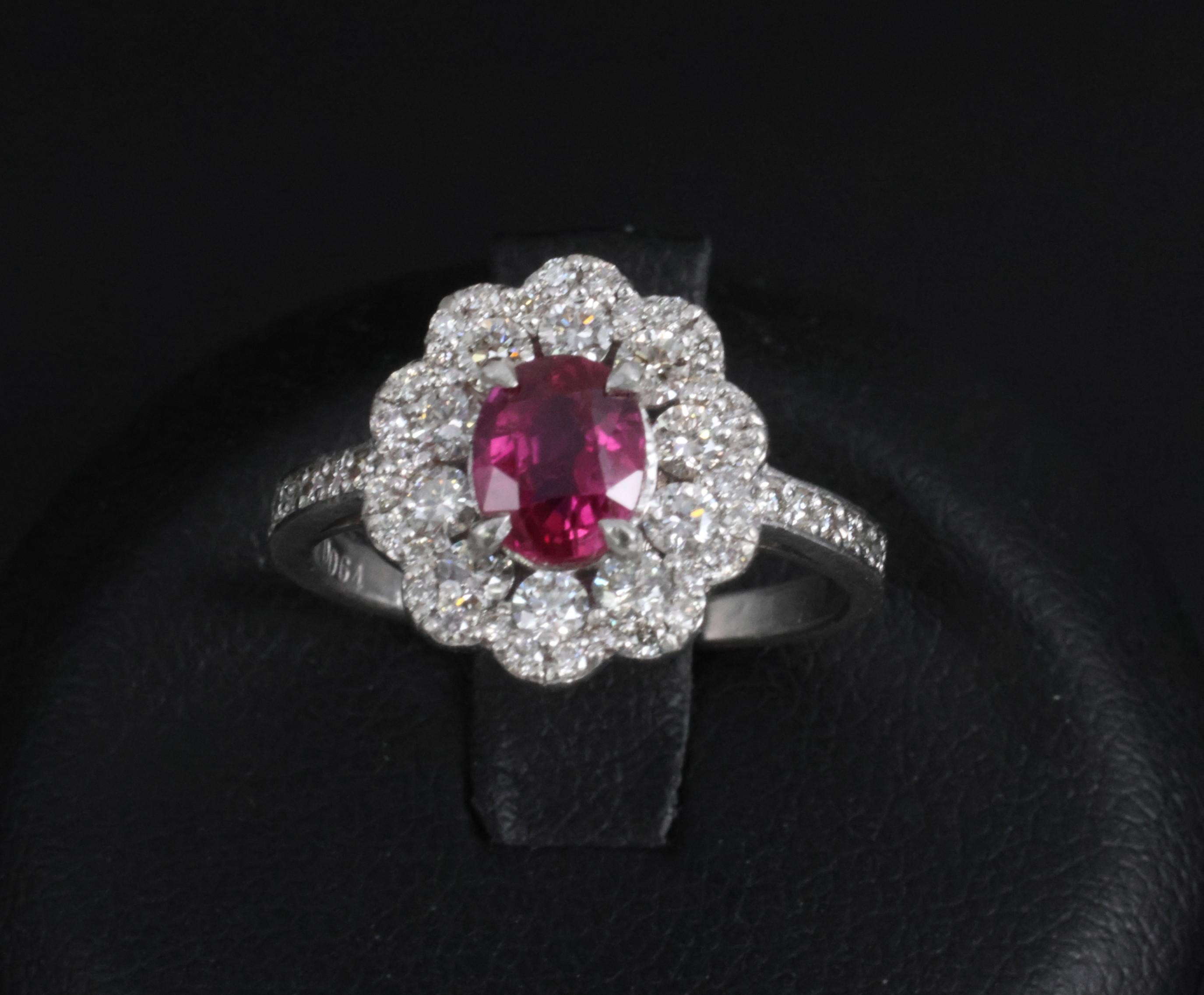 Fine 1.0ct GIA Mozambique No Heat Ruby & 0.64ct Diamond Platinum Ring Size 5.75