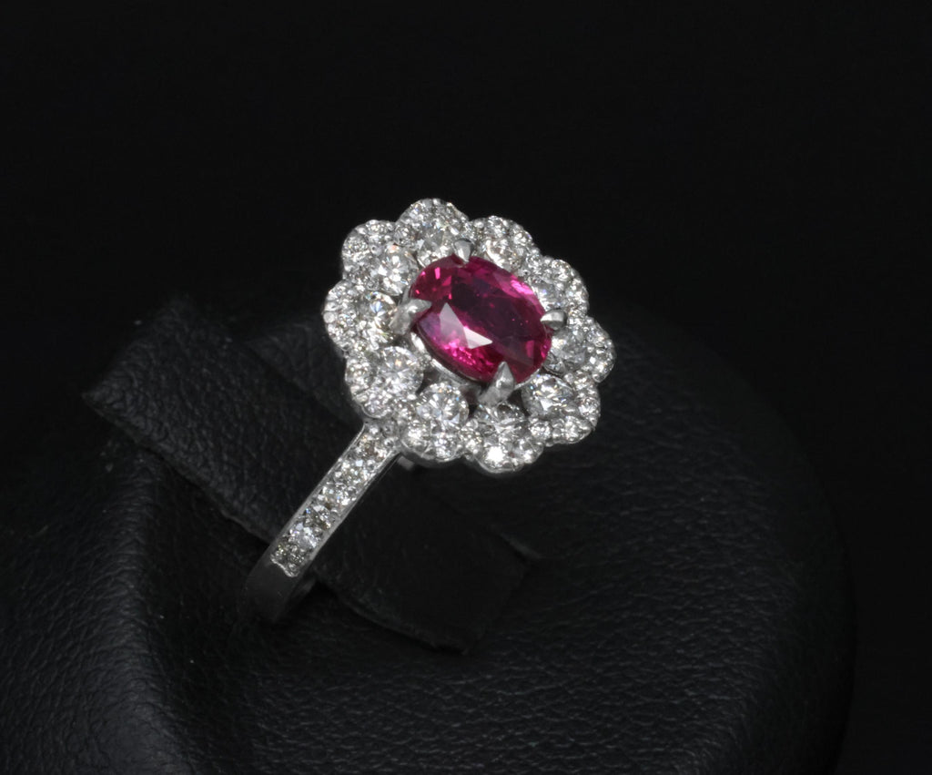 Fine 1.0ct GIA Mozambique No Heat Ruby & 0.64ct Diamond Platinum Ring Size 5.75