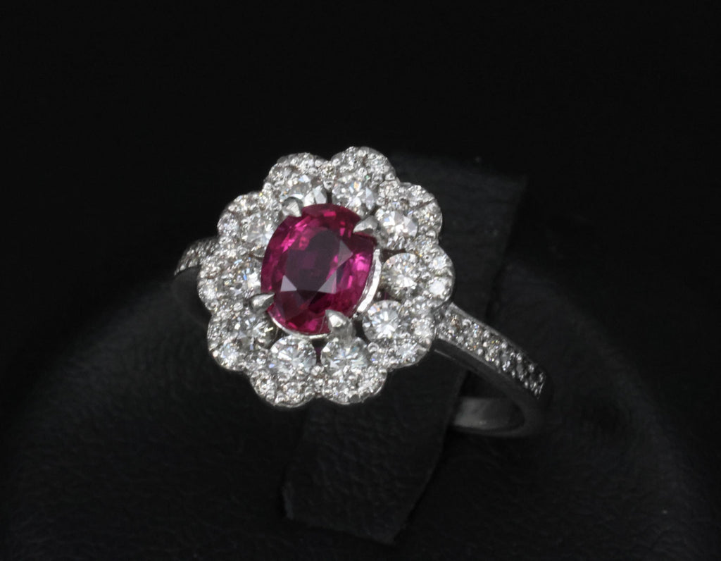 Fine 1.0ct GIA Mozambique No Heat Ruby & 0.64ct Diamond Platinum Ring Size 5.75