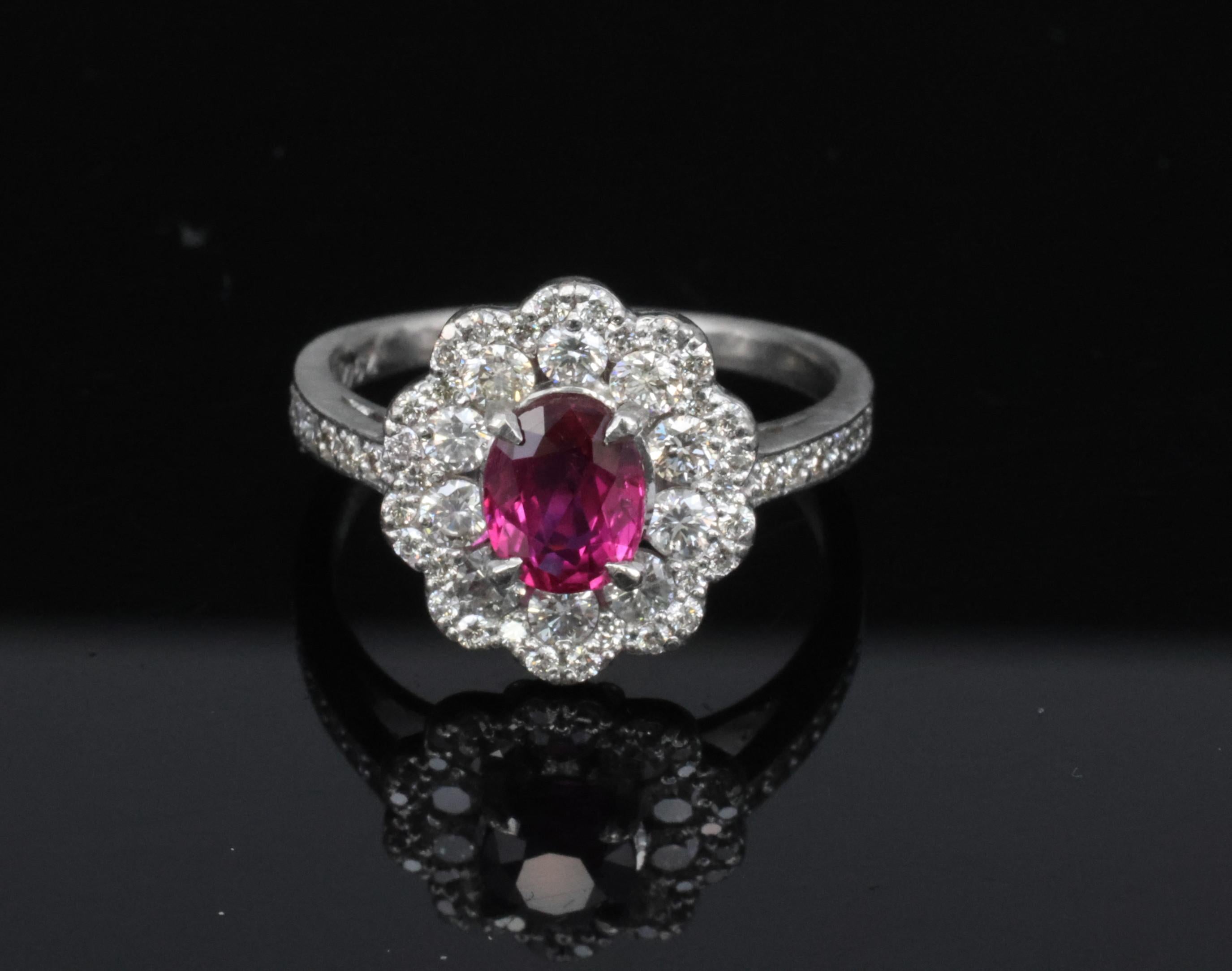 Fine 1.0ct GIA Mozambique No Heat Ruby & 0.64ct Diamond Platinum Ring Size 5.75