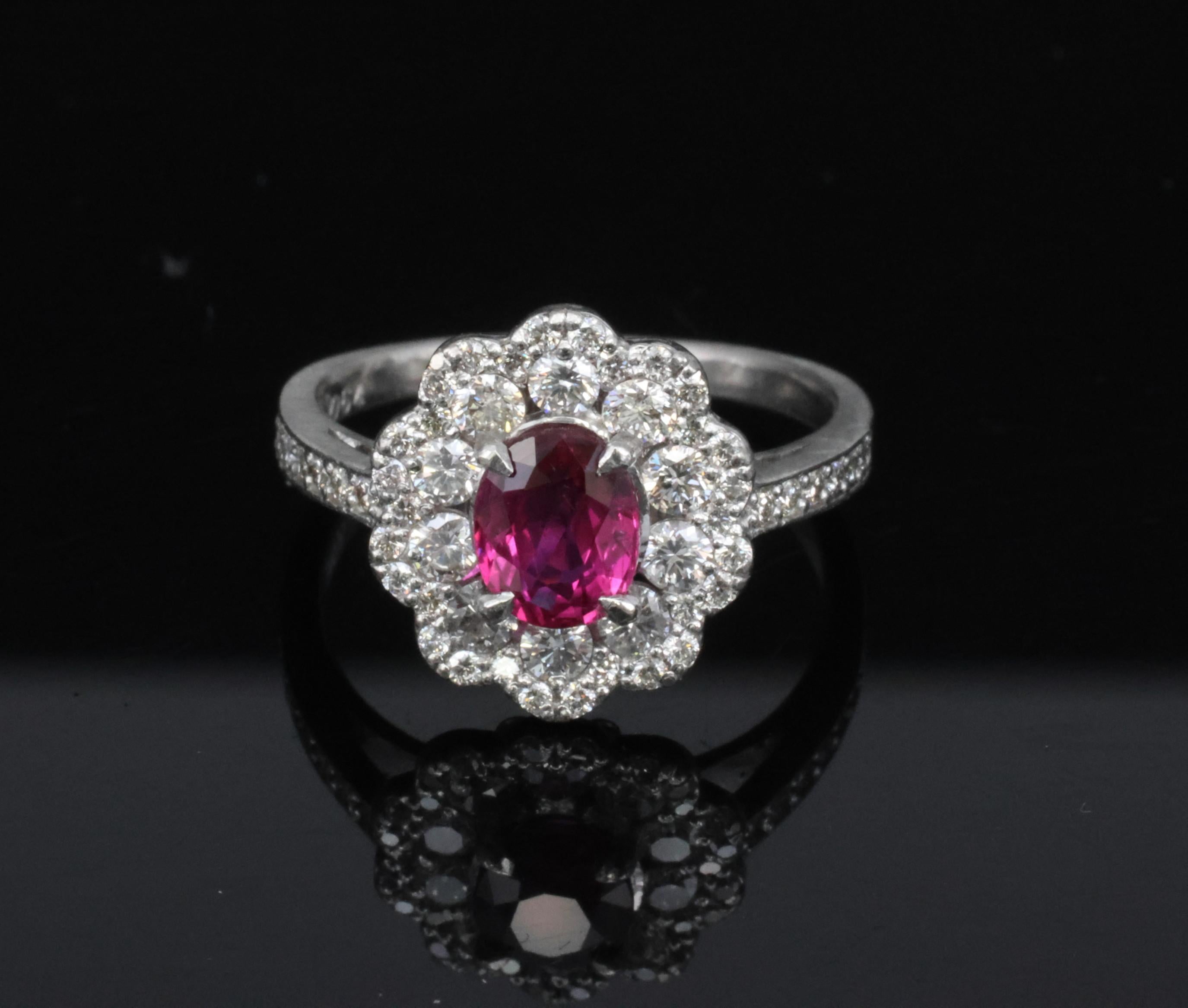 Fine 1.0ct GIA Mozambique No Heat Ruby & 0.64ct Diamond Platinum Ring Size 5.75