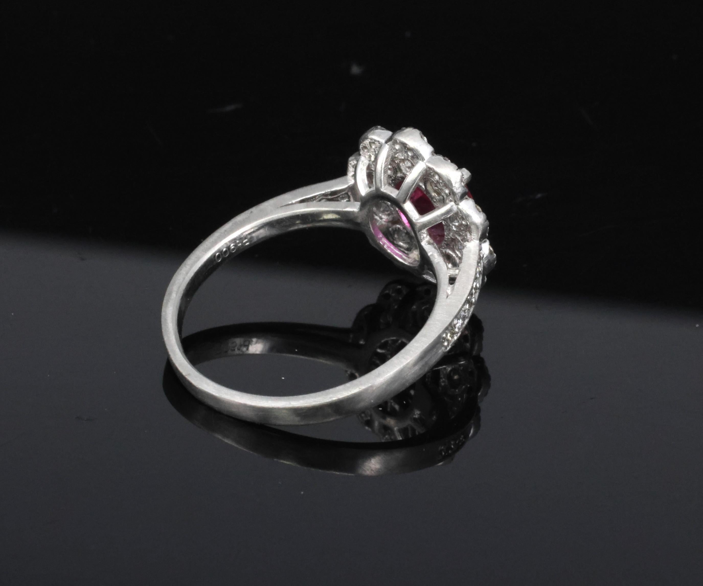 Fine 1.0ct GIA Mozambique No Heat Ruby & 0.64ct Diamond Platinum Ring Size 5.75