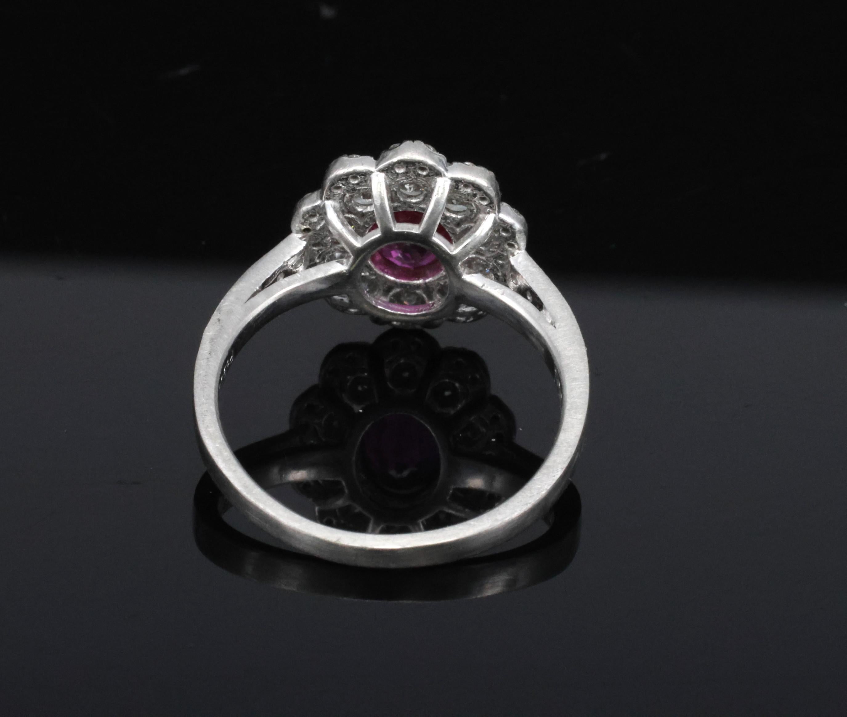 Fine 1.0ct GIA Mozambique No Heat Ruby & 0.64ct Diamond Platinum Ring Size 5.75